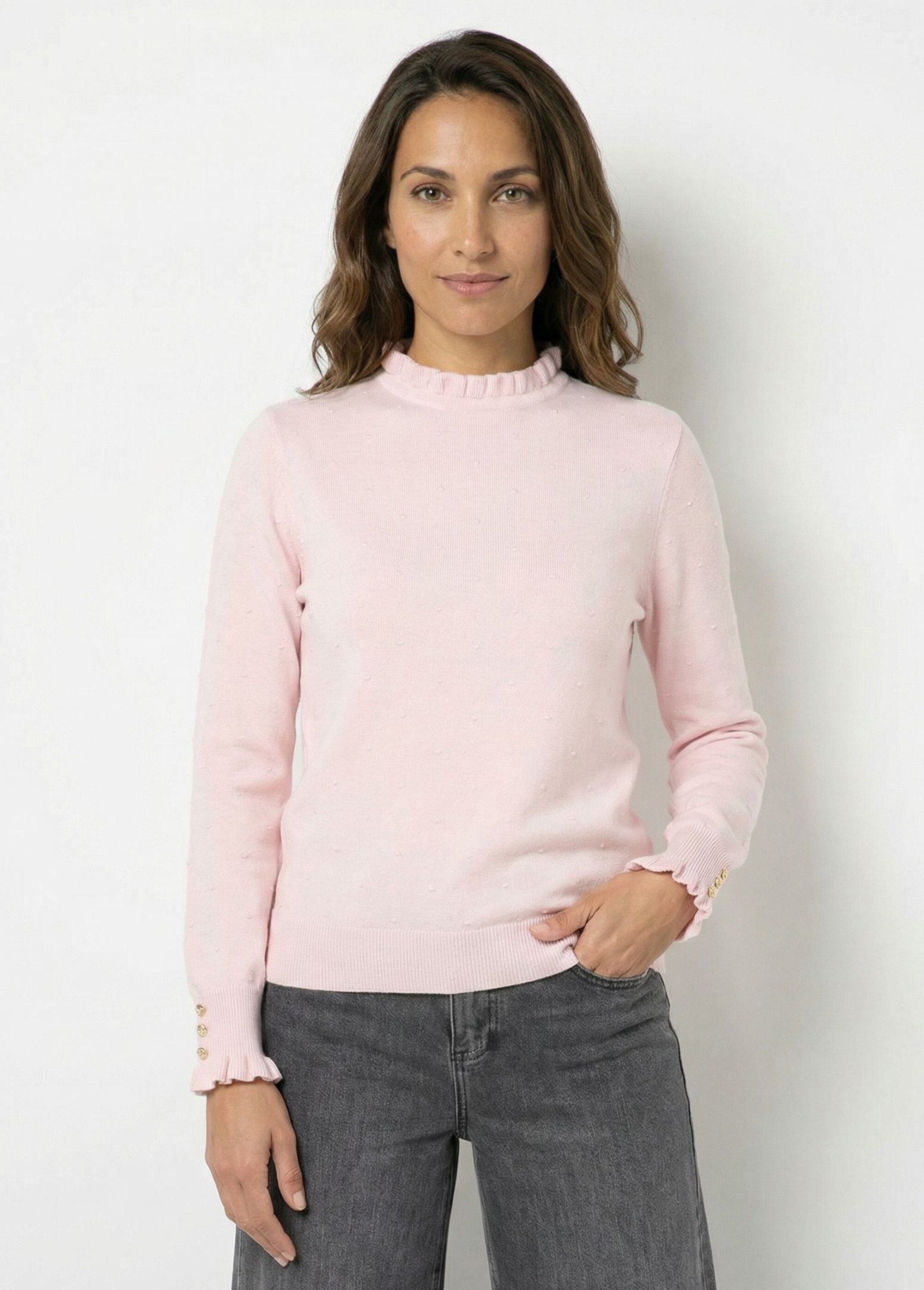 Pull col montant plissé maille plumetis Femme Rose IA-AR1003 FA1