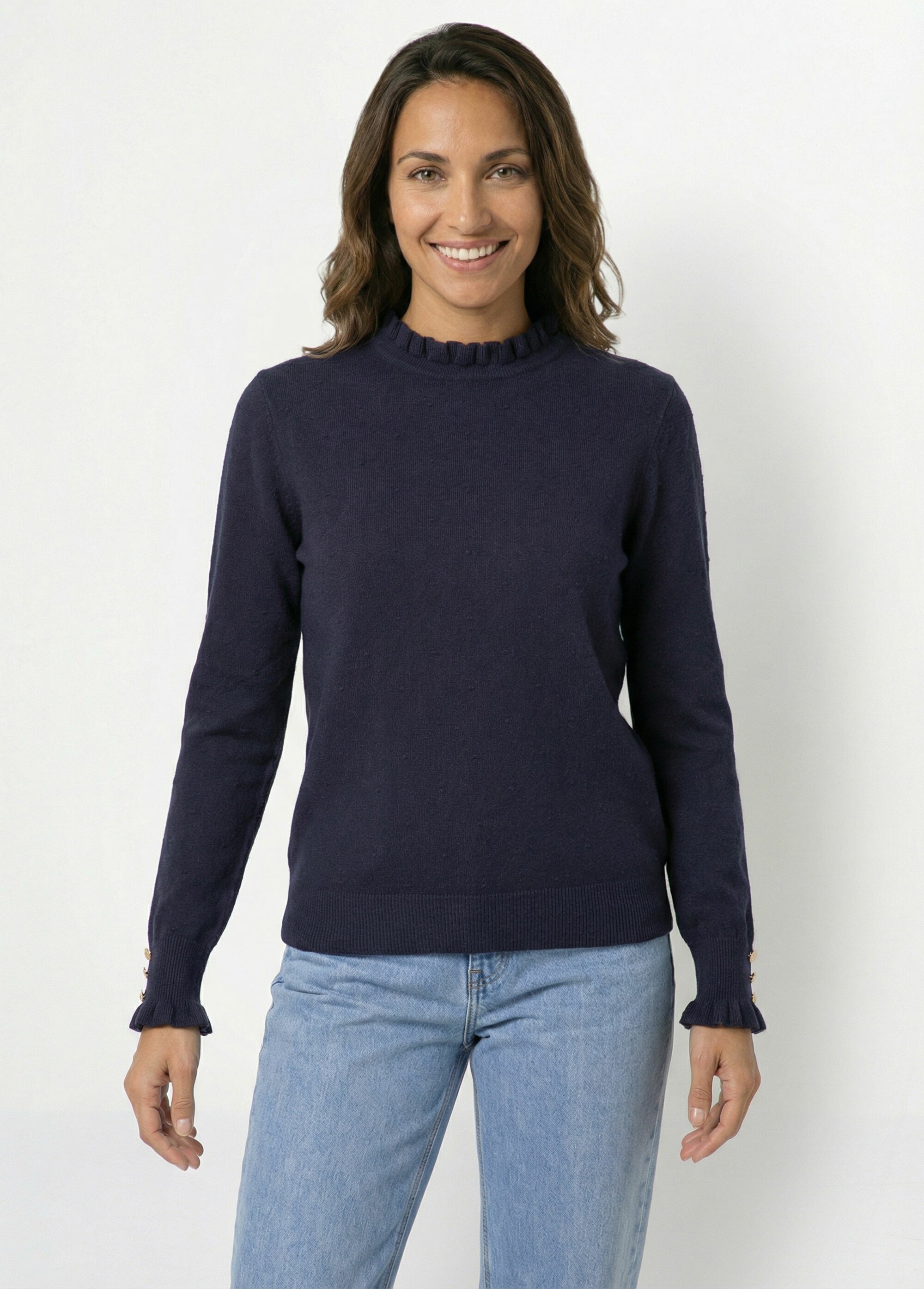 Pull col montant plissé maille plumetis Femme Bleu IA-AR1003 FA1
