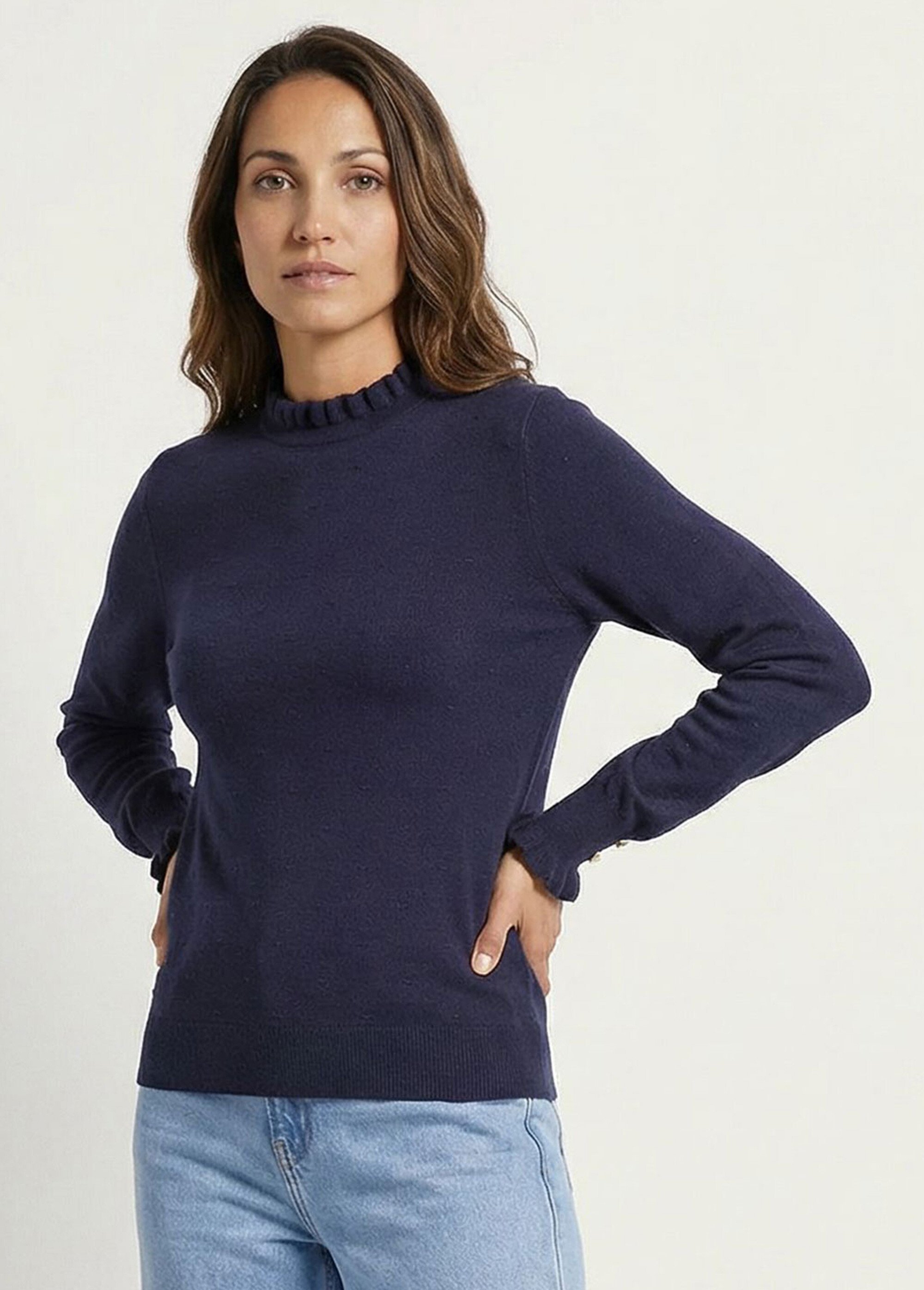 Pull col montant plissé maille plumetis Femme Bleu IA-AR1003 MV1