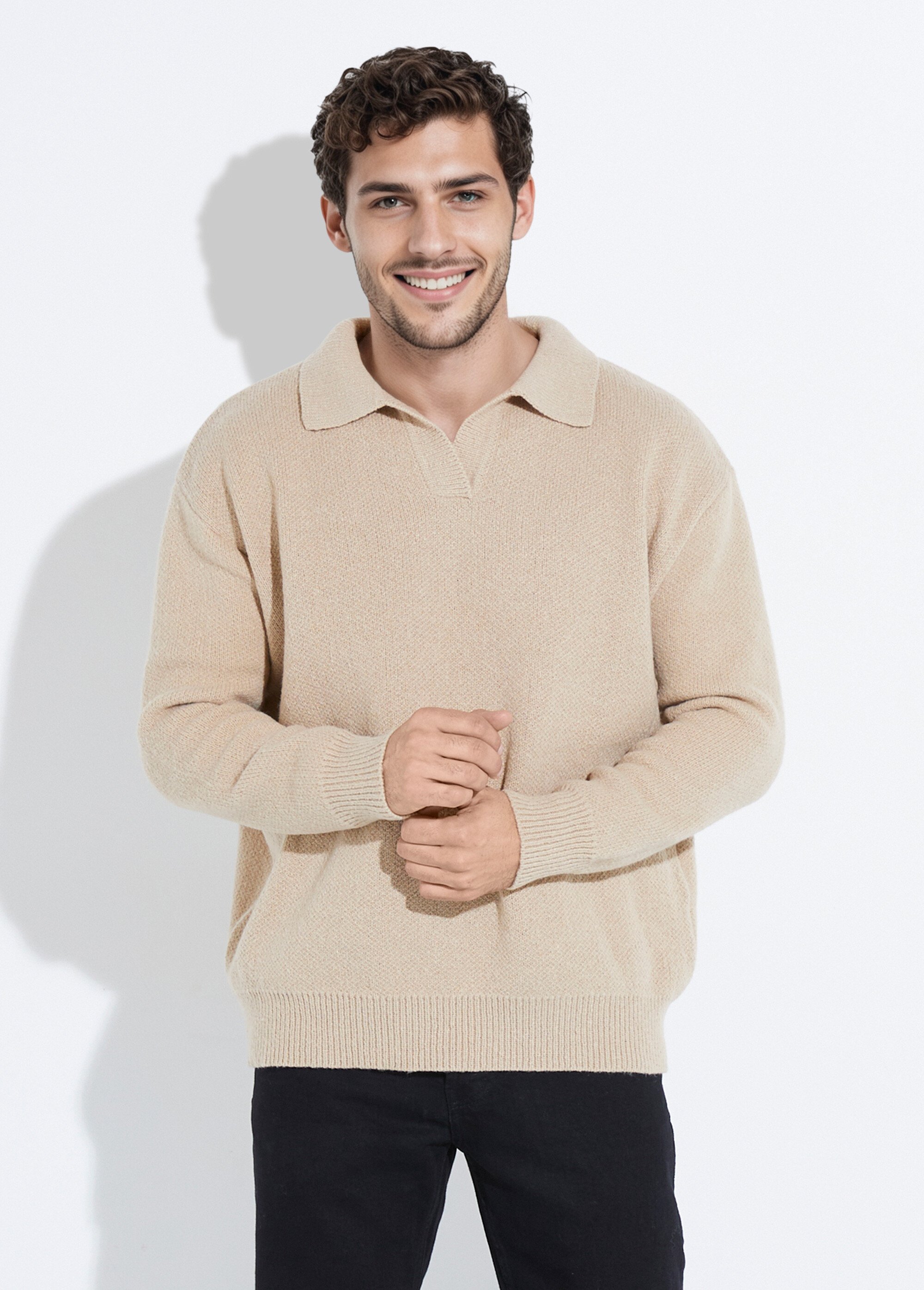 Pull en maille avec col polo Homme Beige FRICF-X82020 FA1