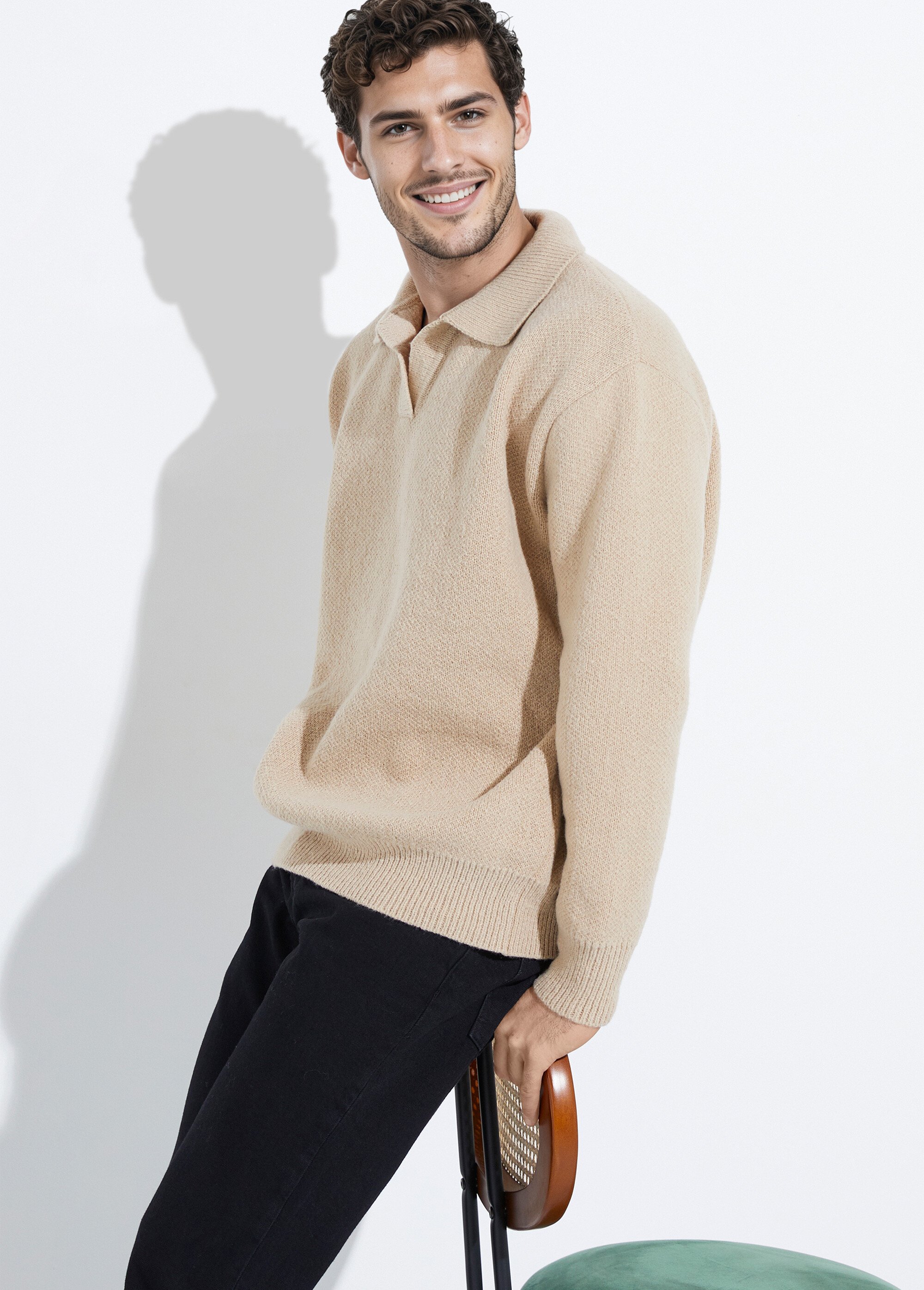 Pull en maille avec col polo Homme Beige FRICF-X82020 MV1