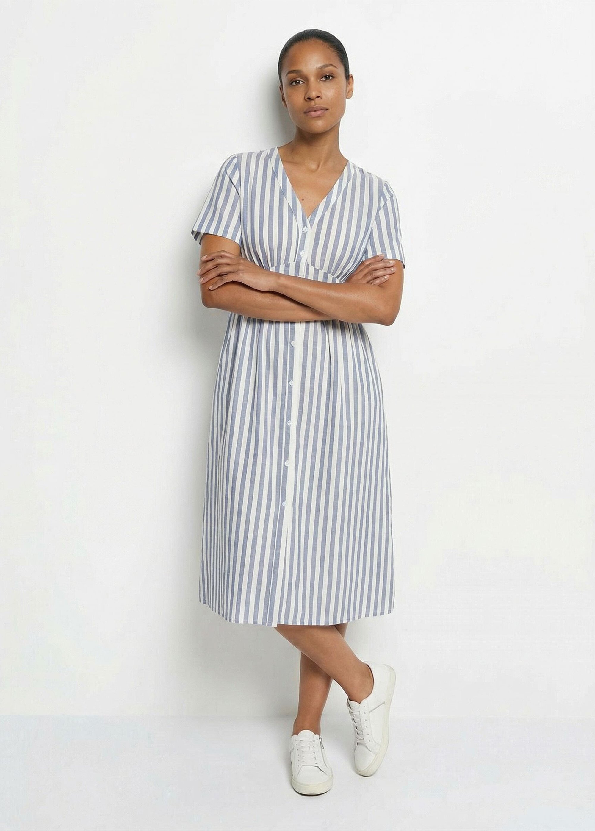 Robe taille haute pur coton à rayures Femme Bleu IA-Q3273 MV1