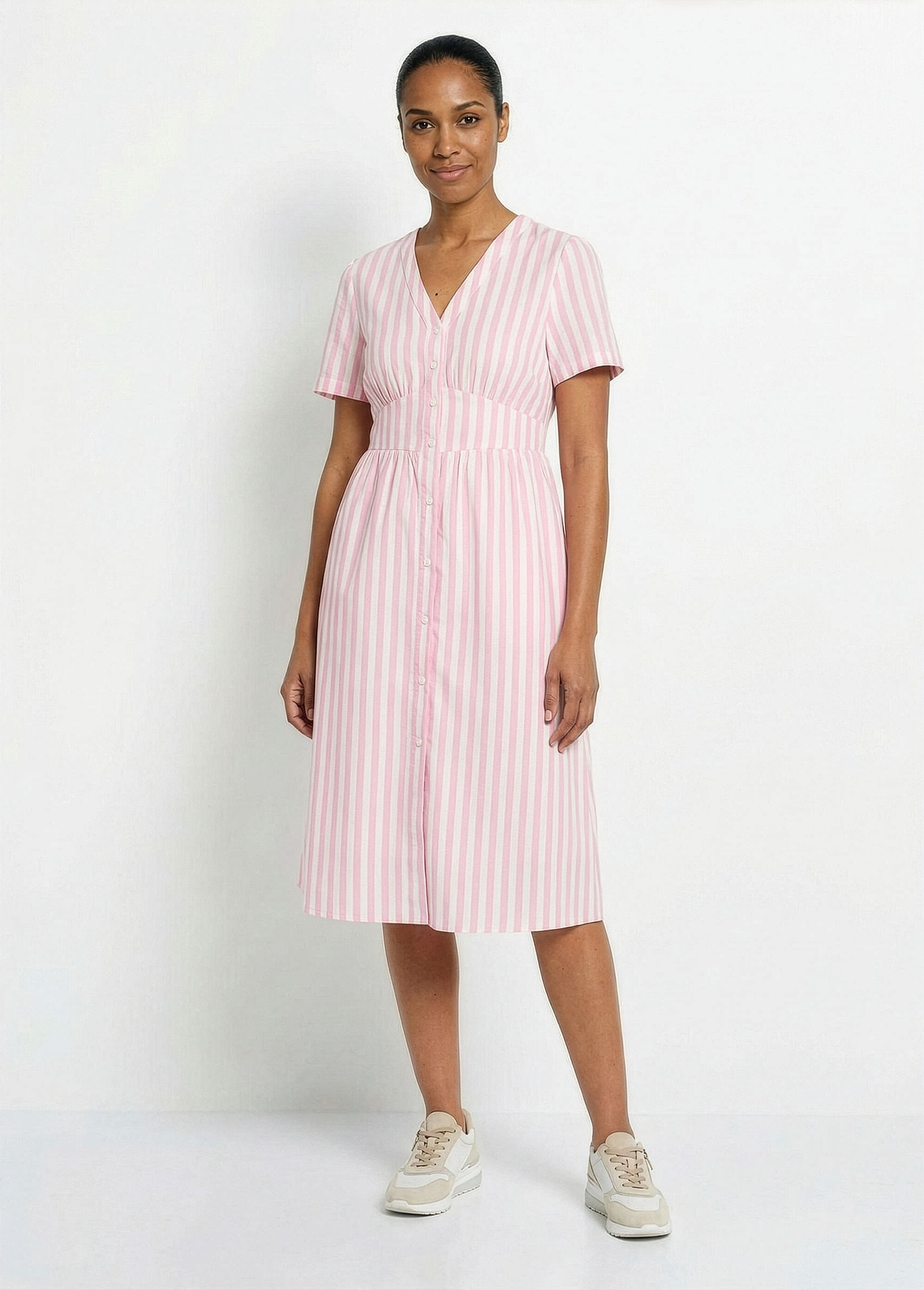 Robe taille haute pur coton à rayures Femme Rose IA-Q3273 FA1