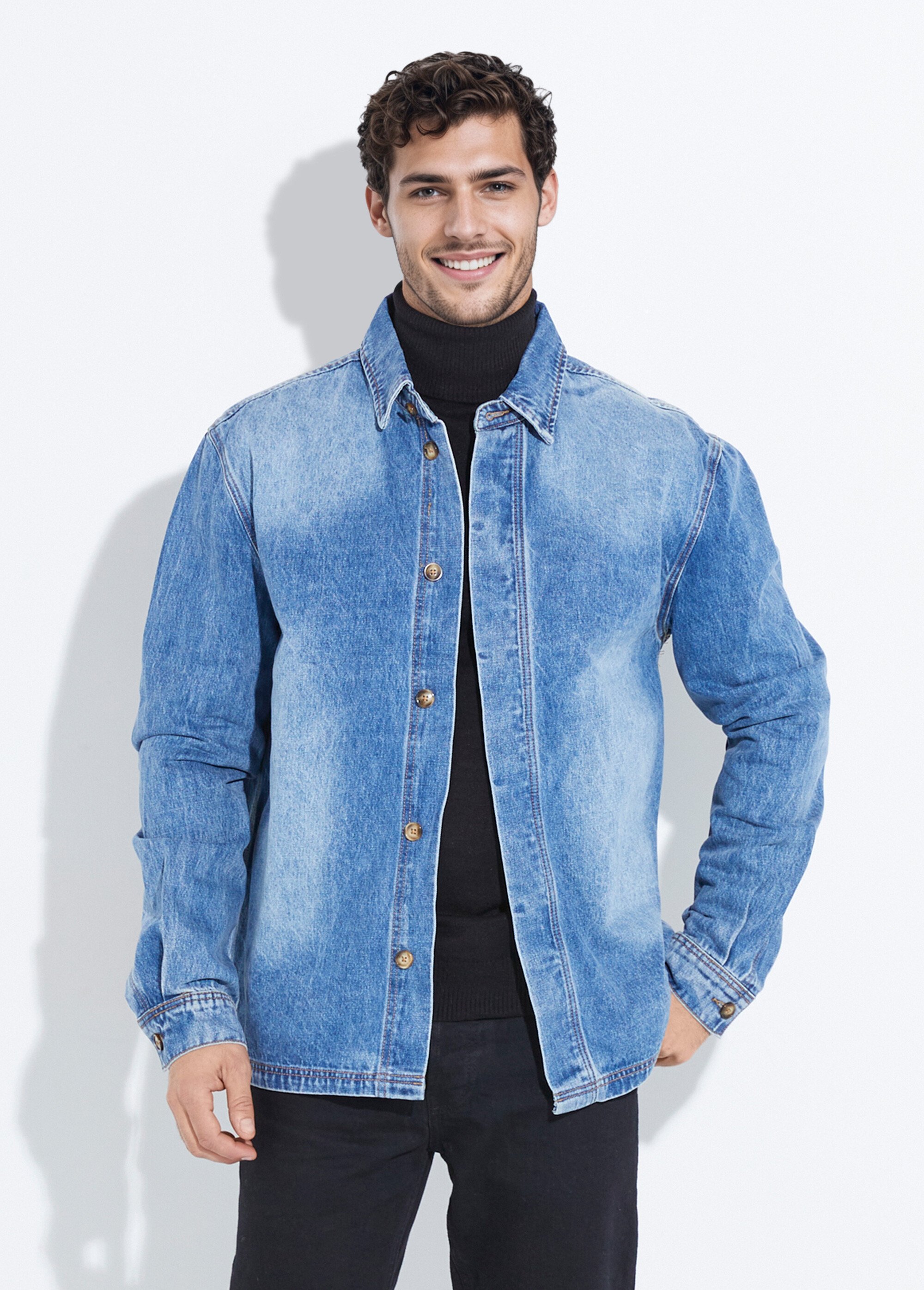 Surchemise en jean délavé, denim épais Homme Bleu LYSJF-022 FA1