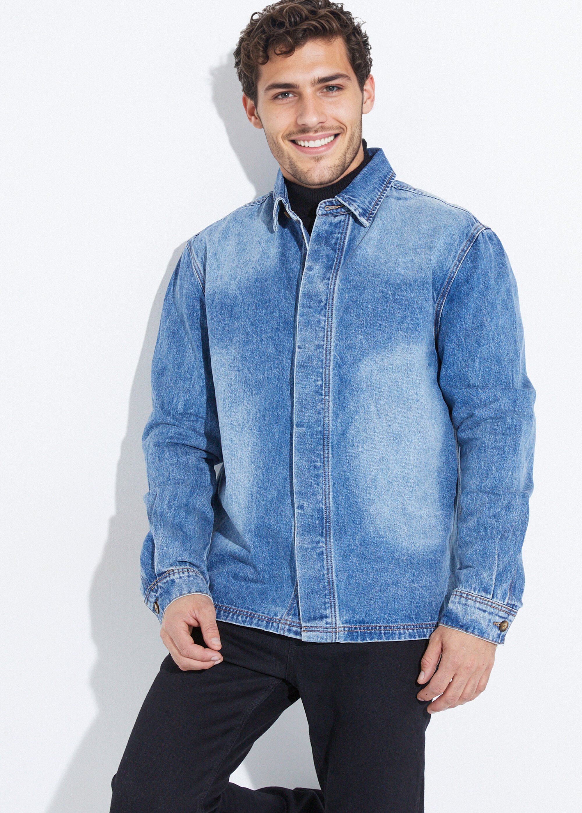 Surchemise en jean délavé, denim épais Homme Bleu LYSJF-022 MV1