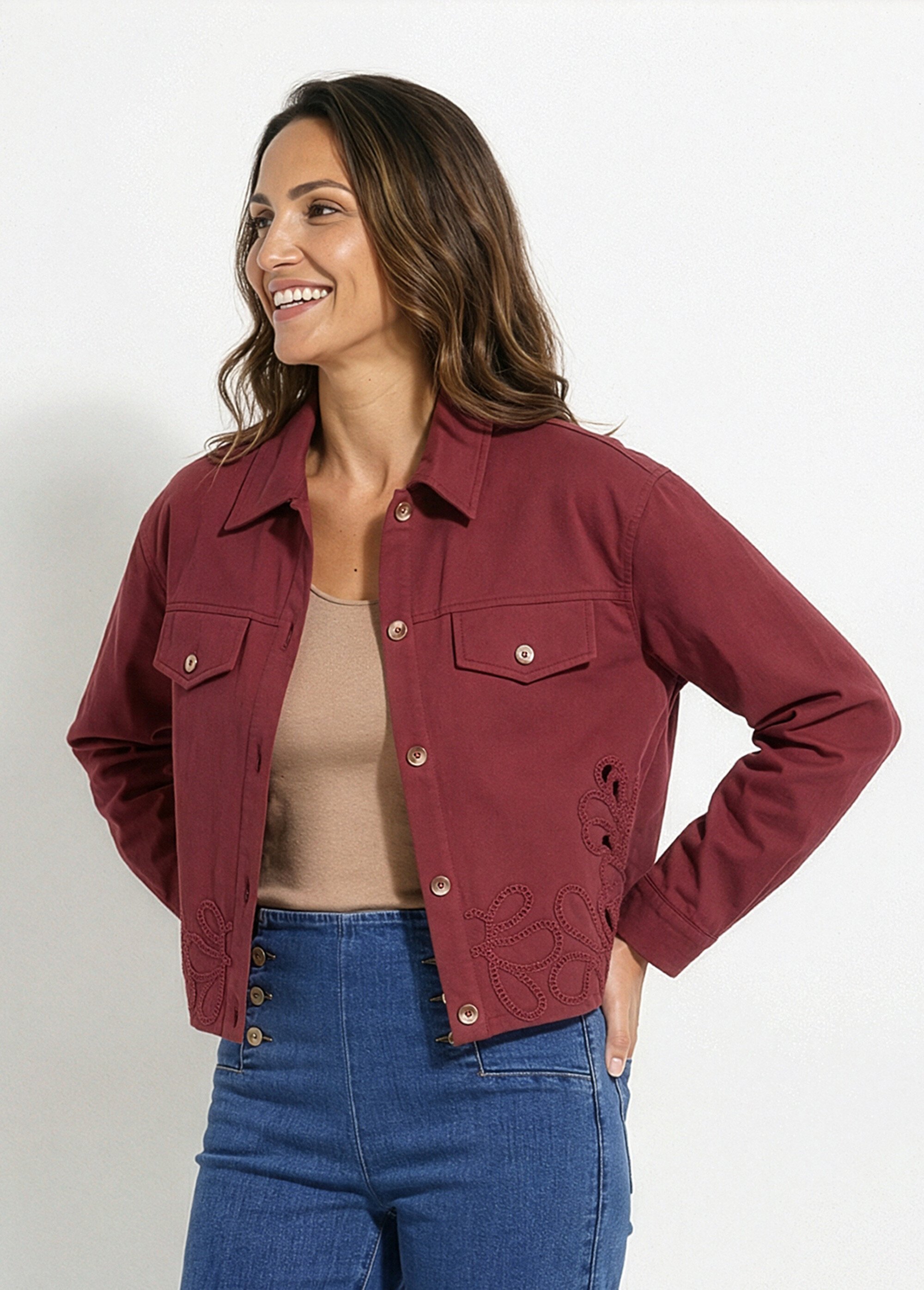 Veste courte en denim, détails ajourés Femme Rouge IA-Q3186 FA1