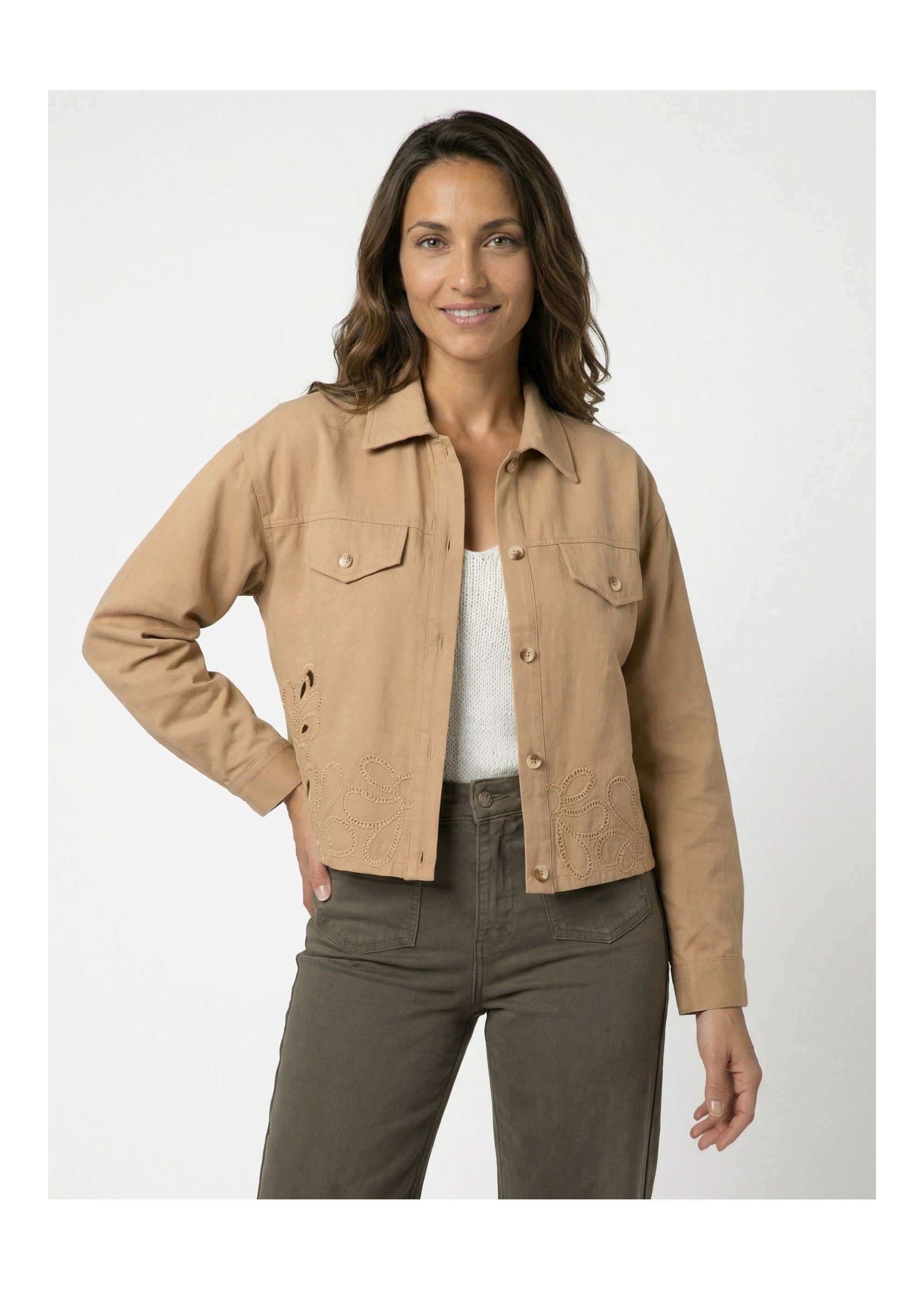 Veste courte en denim, détails ajourés Femme Marron IA-Q3186 FA1