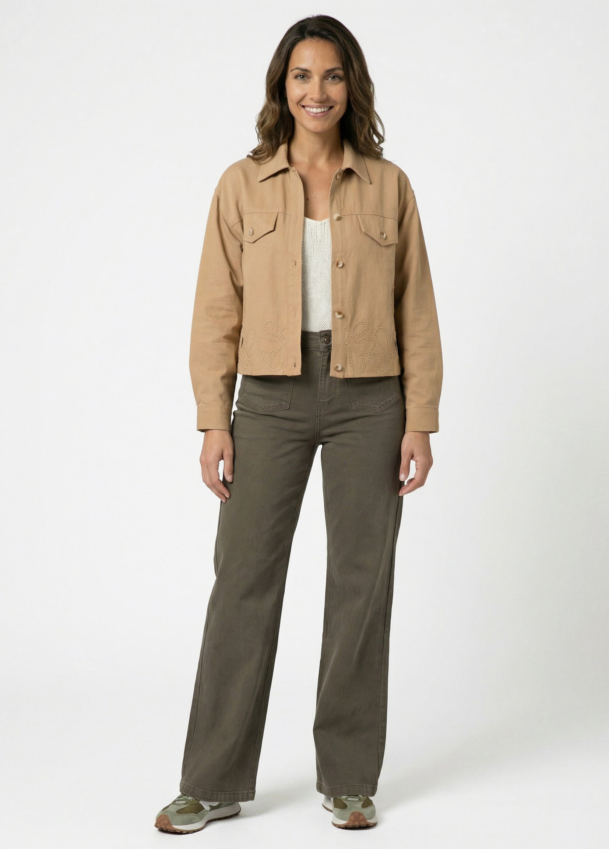 Veste courte en denim, détails ajourés Femme Marron IA-Q3186 SF1