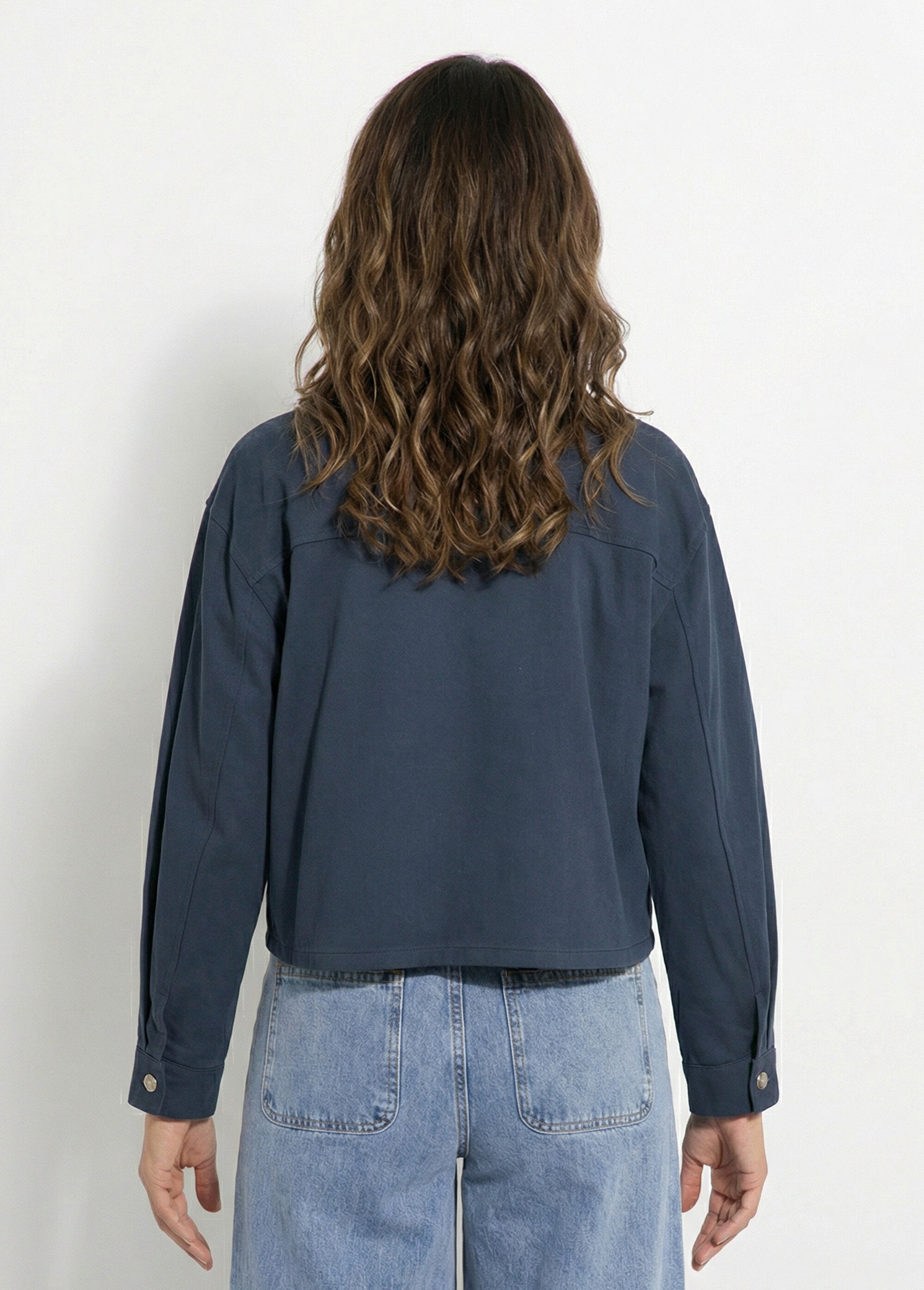 Veste courte en denim, détails ajourés Femme Bleu IA-Q3186 DO1