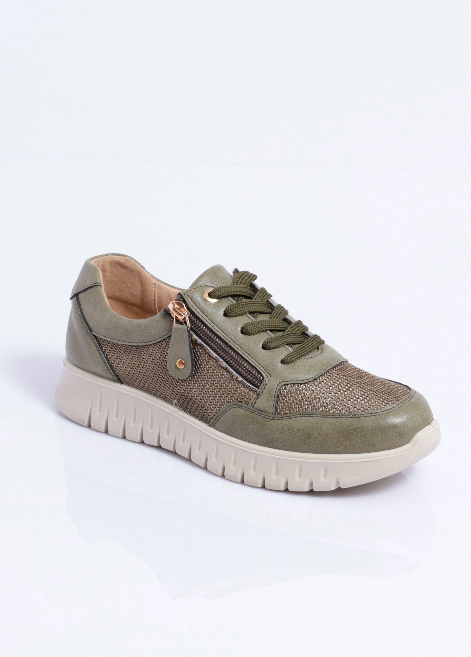 Baskets bi-matière lacées et zippées largeur confort Femme Vert OCEA FA1