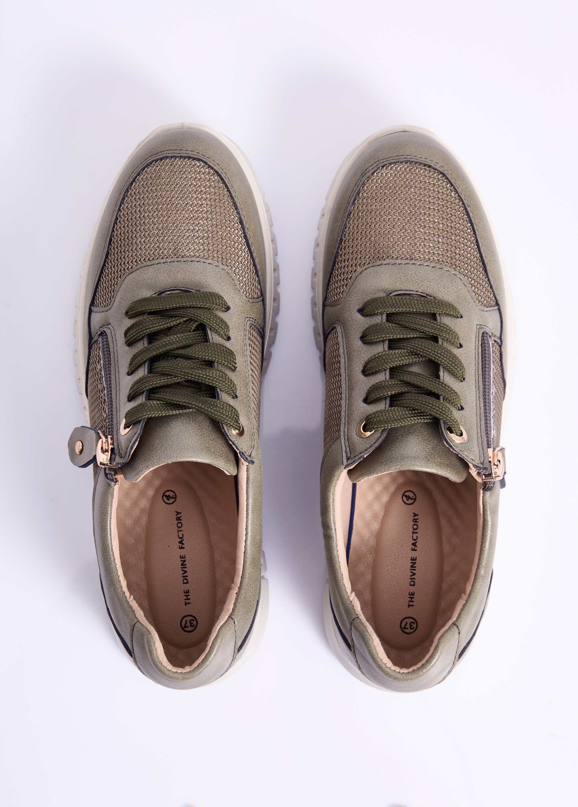 Baskets bi-matière lacées et zippées largeur confort Femme Vert OCEA OV1