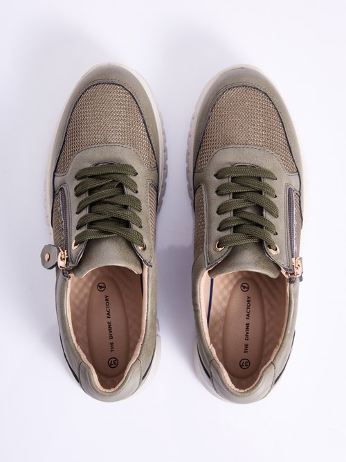 Baskets bi-matière lacées et zippées largeur confort Femme Vert OCEA OV1