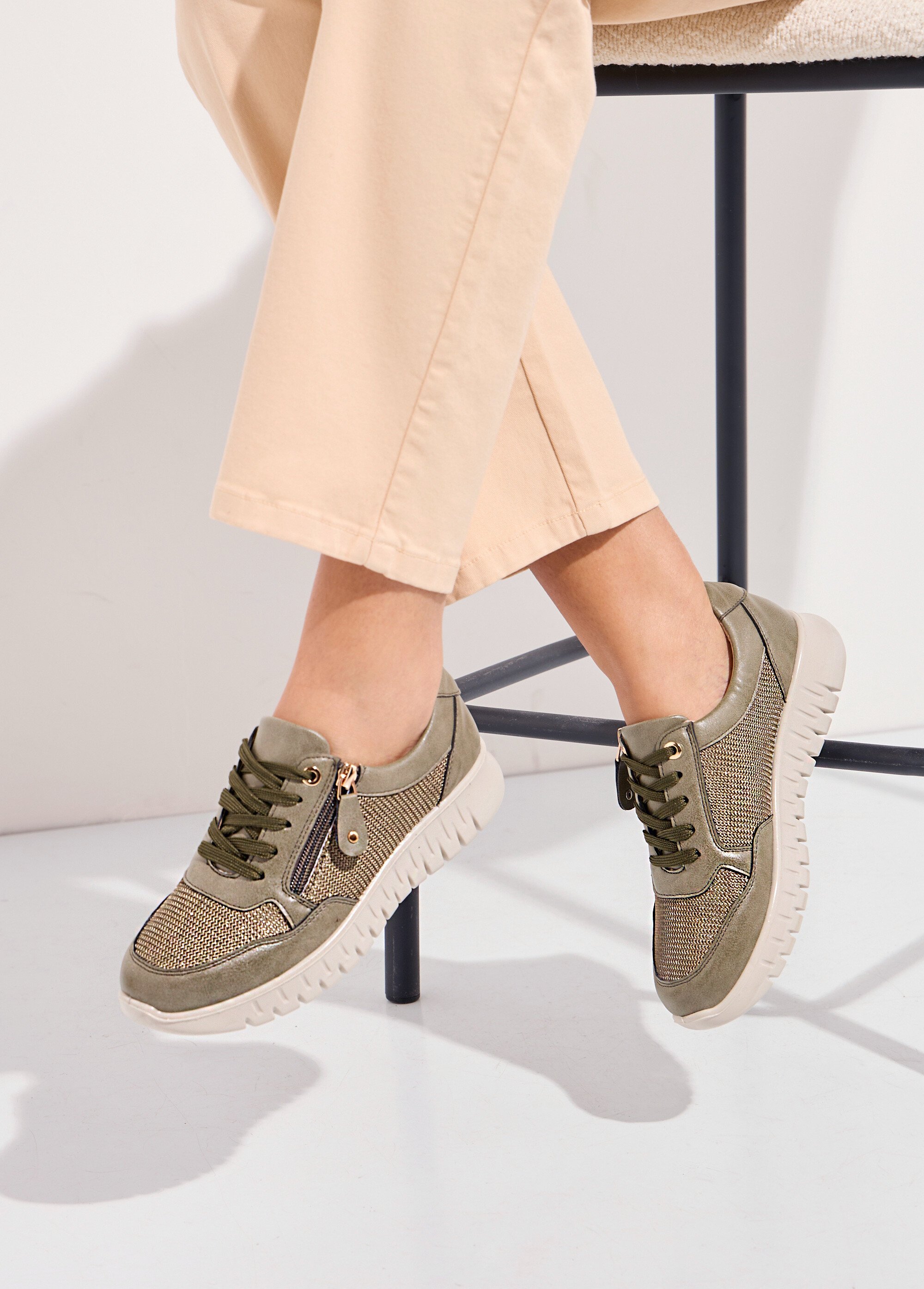 Baskets bi-matière lacées et zippées largeur confort Femme Vert OCEA SI1