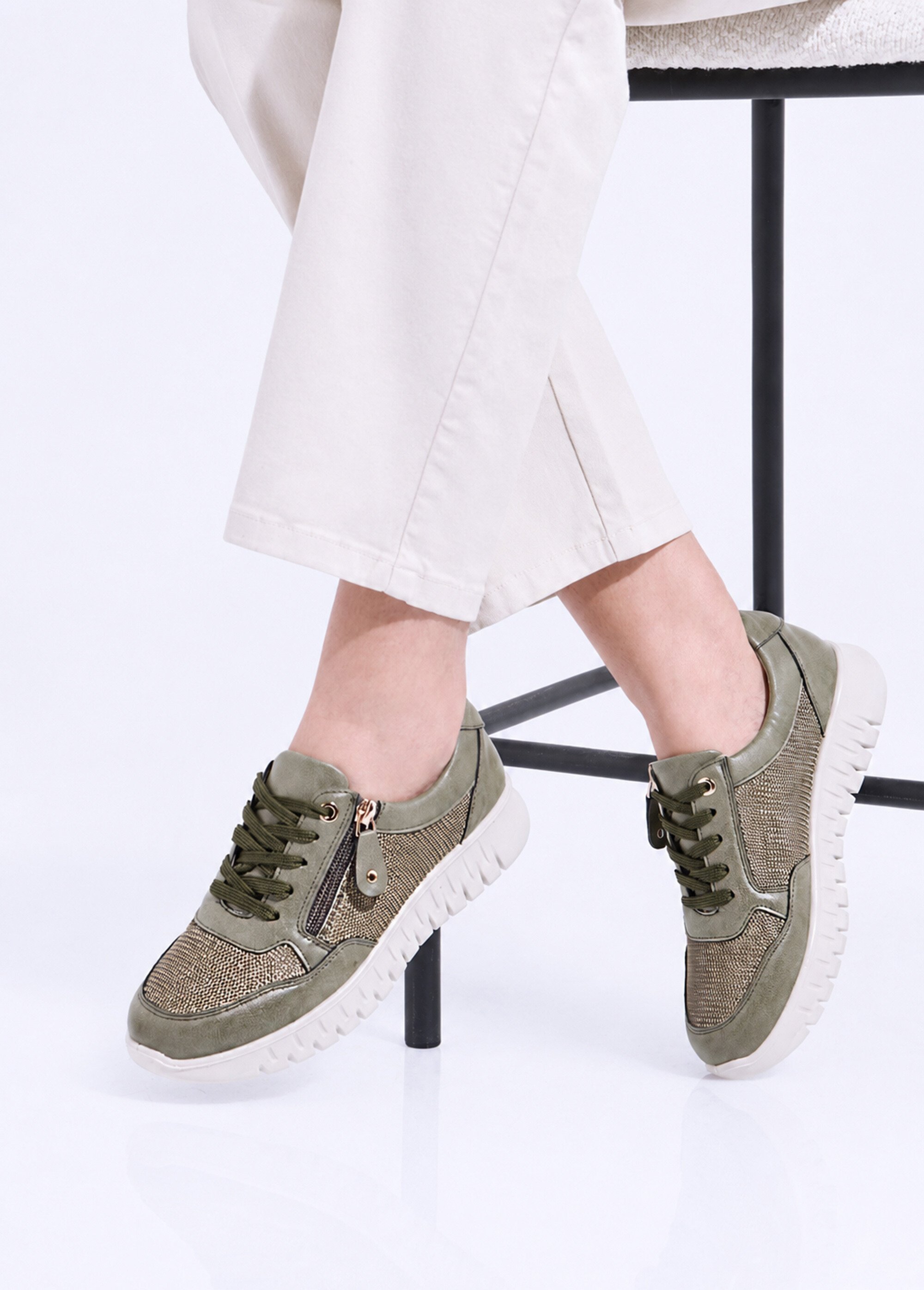 Baskets bi-matière lacées et zippées largeur confort Femme Vert OCEA SI1