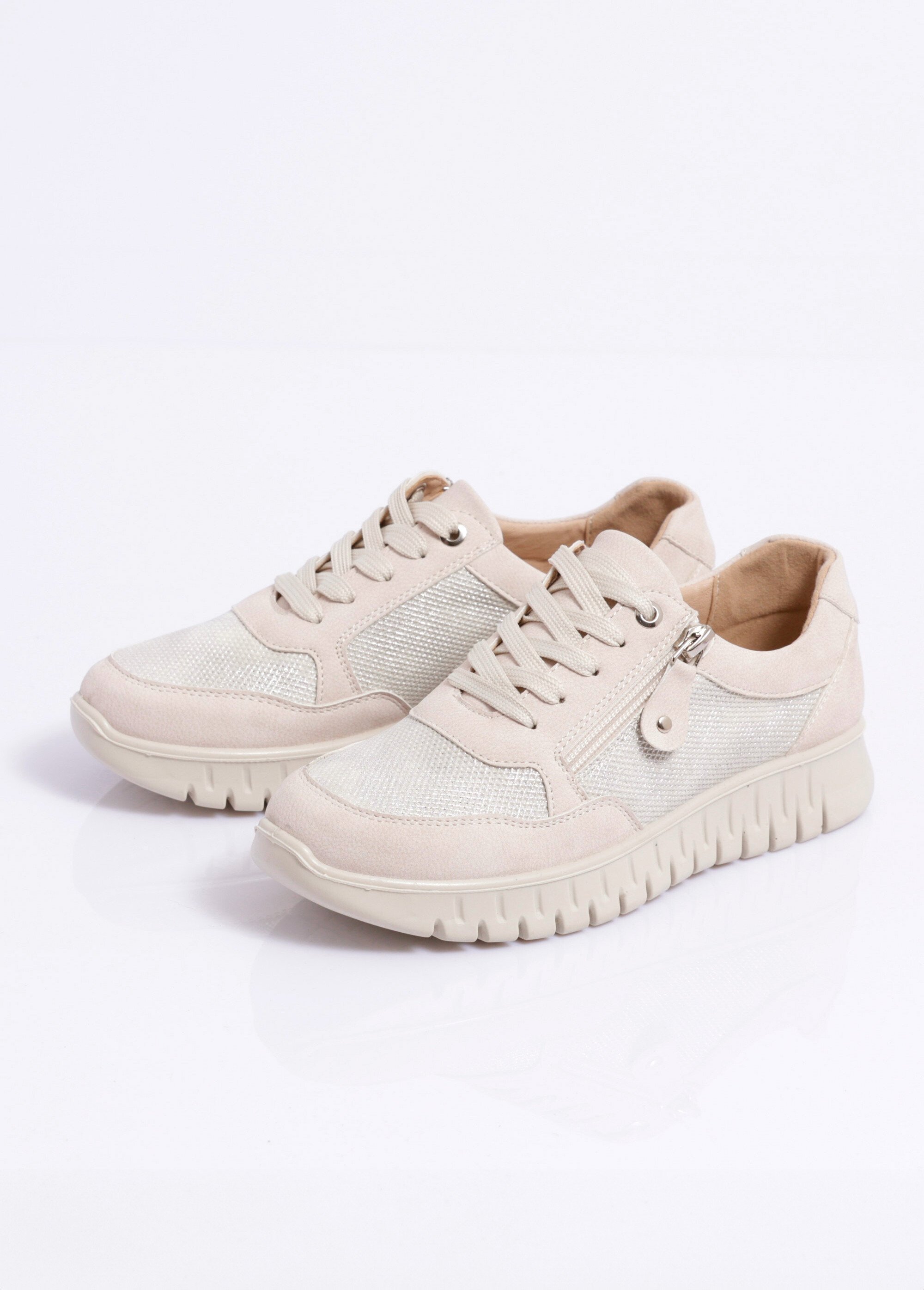 Baskets bi-matière lacées et zippées largeur confort Femme Beige OCEA DE1