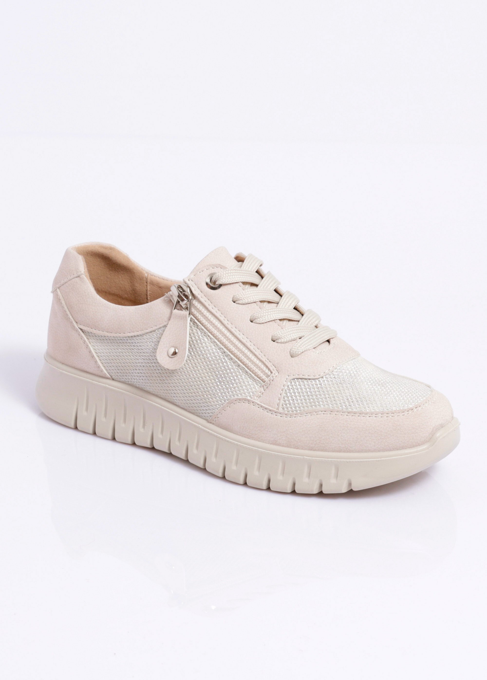 Baskets bi-matière lacées et zippées largeur confort Femme Beige OCEA FA1