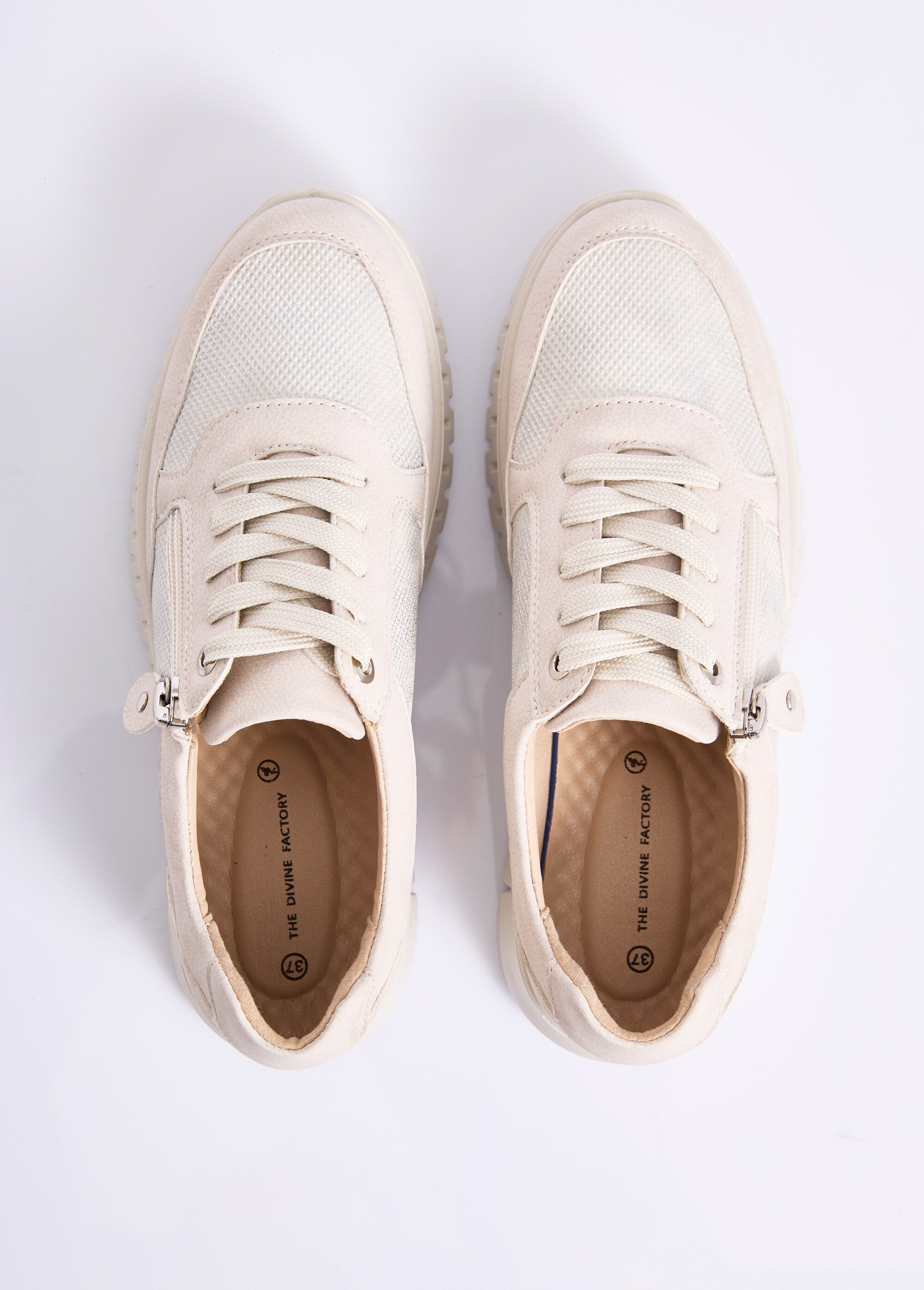 Baskets bi-matière lacées et zippées largeur confort Femme Beige OCEA OV1