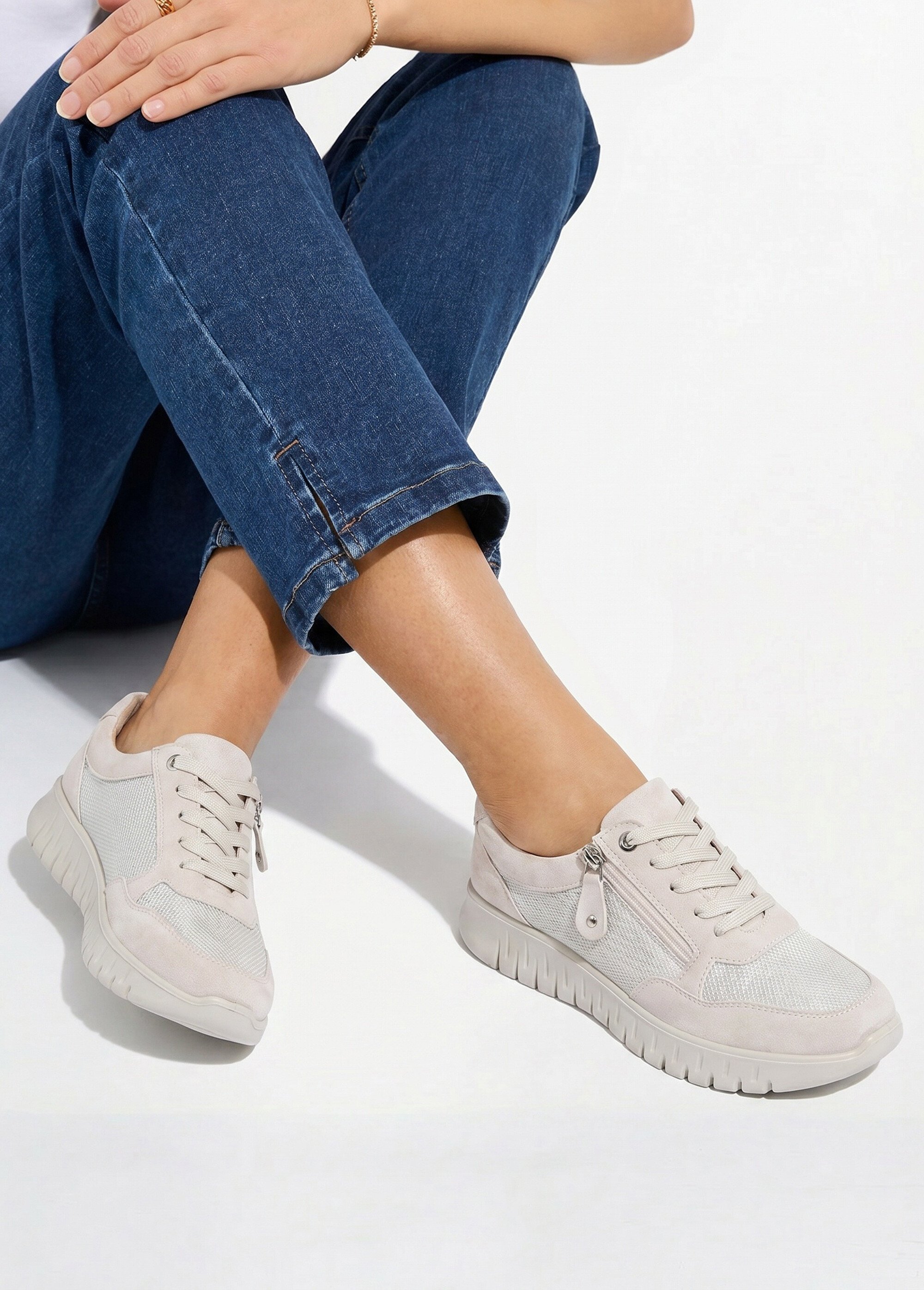 Baskets bi-matière lacées et zippées largeur confort Femme Beige OCEA SI1