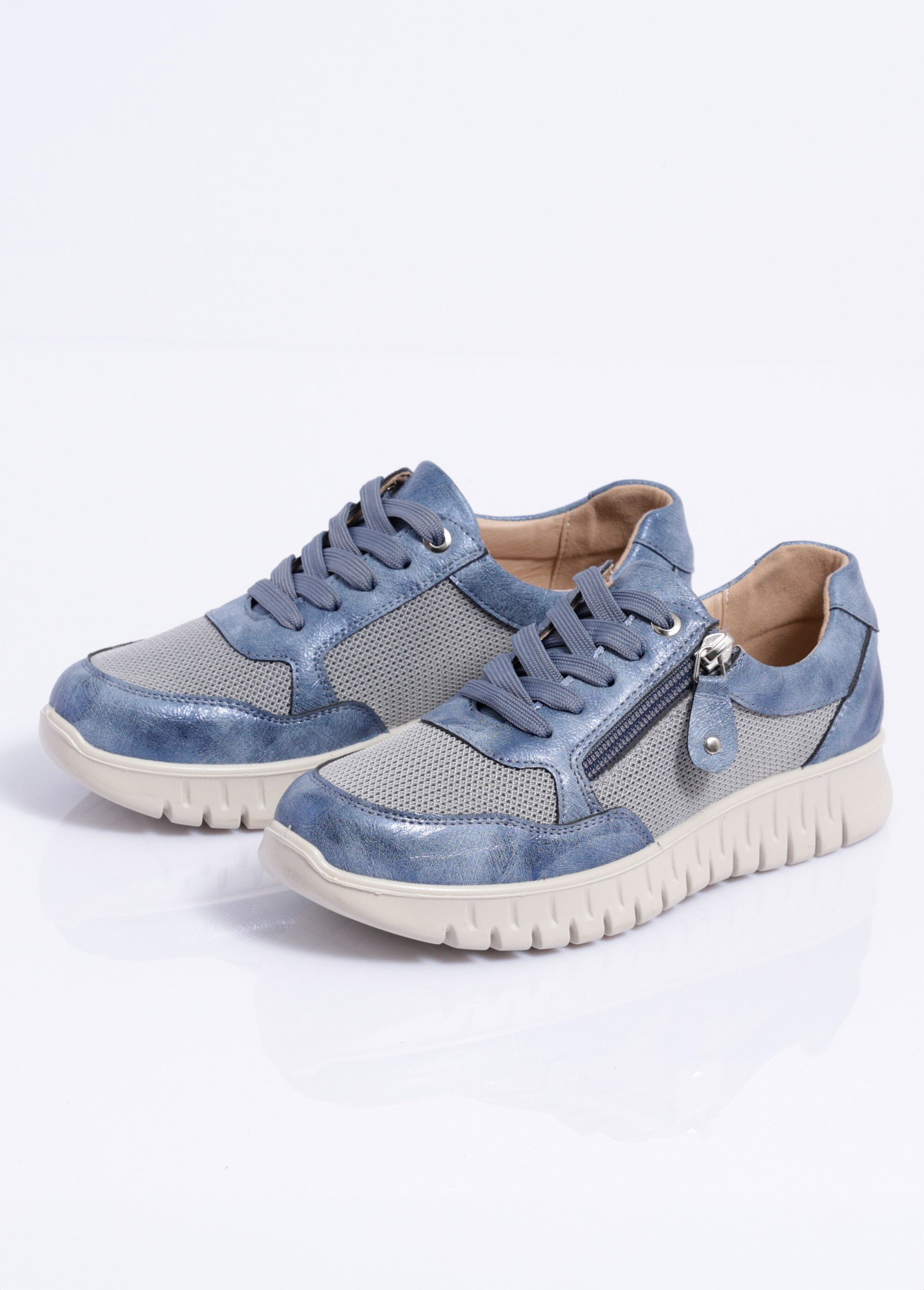 Baskets bi-matière lacées et zippées largeur confort Femme Bleu OCEA DE1