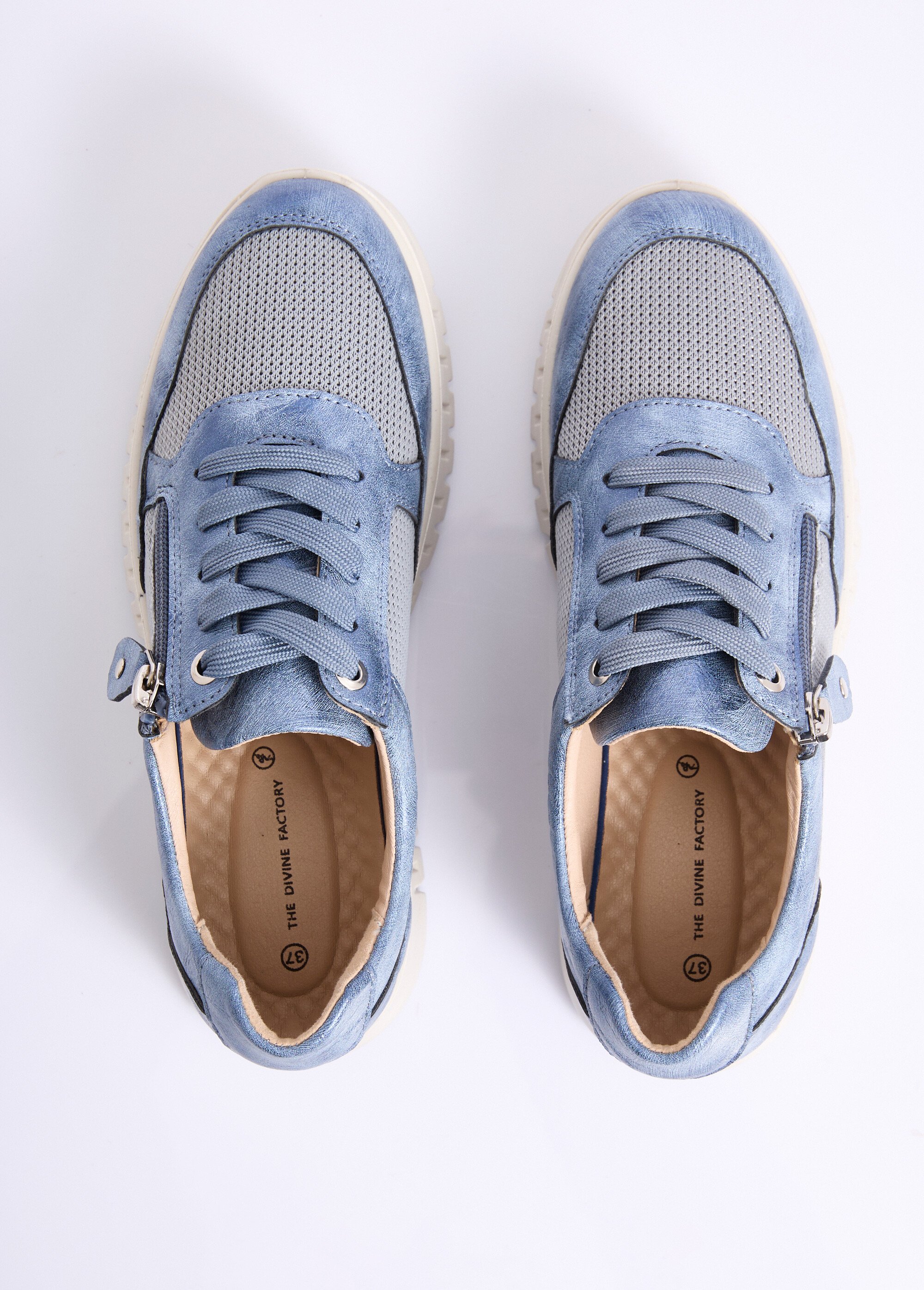 Baskets bi-matière lacées et zippées largeur confort Femme Bleu OCEA OV1