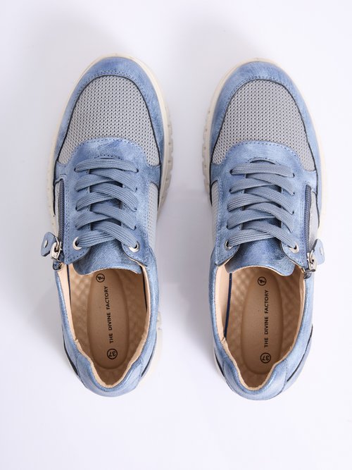 Baskets bi-matière lacées et zippées largeur confort Femme Bleu OCEA OV1