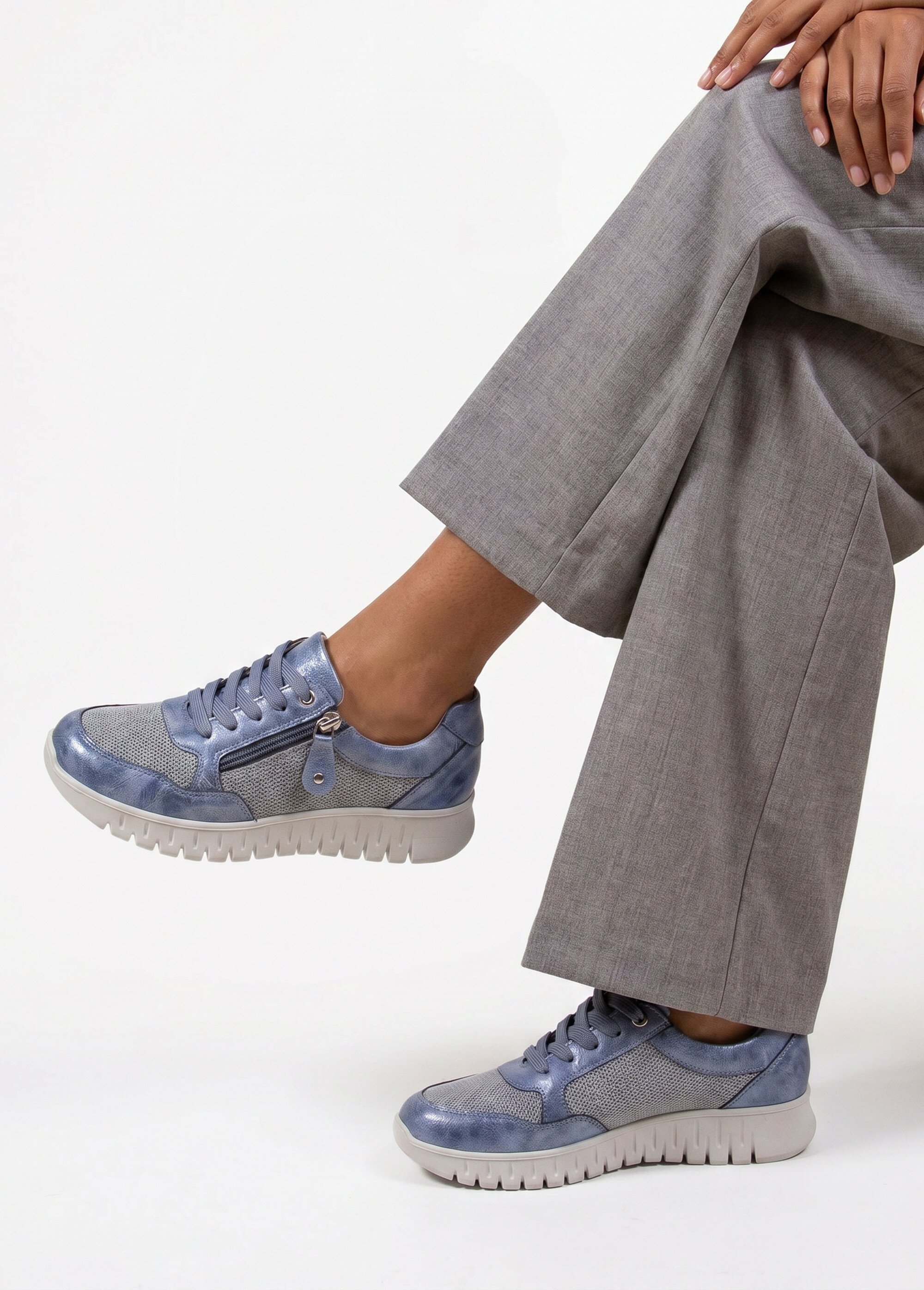 Baskets bi-matière lacées et zippées largeur confort Femme Bleu OCEA SI1