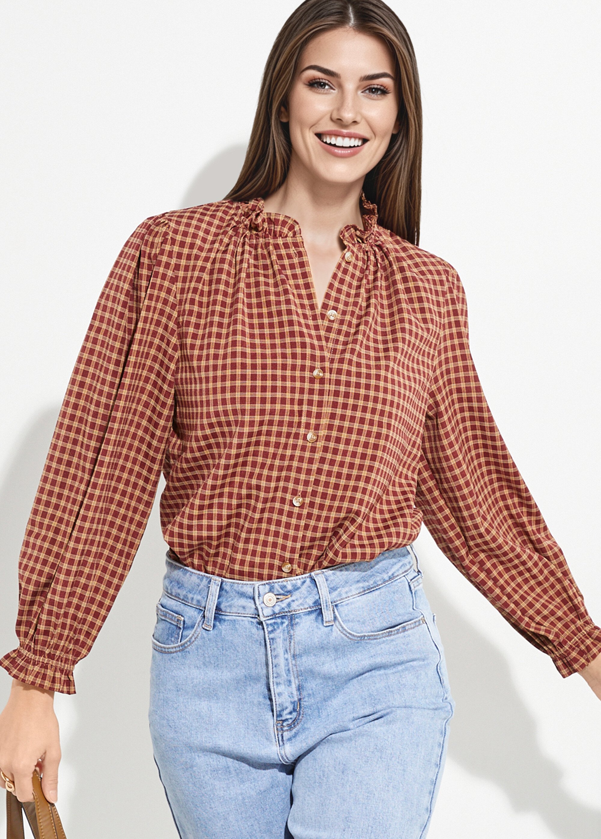 Chemisier à carreaux, col et poignets plissés Femme Rouge IA-R5827 MV1