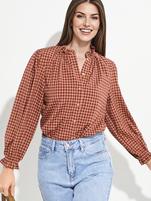 Chemisier à carreaux, col et poignets plissés Femme Rouge IA-R5827 MV1