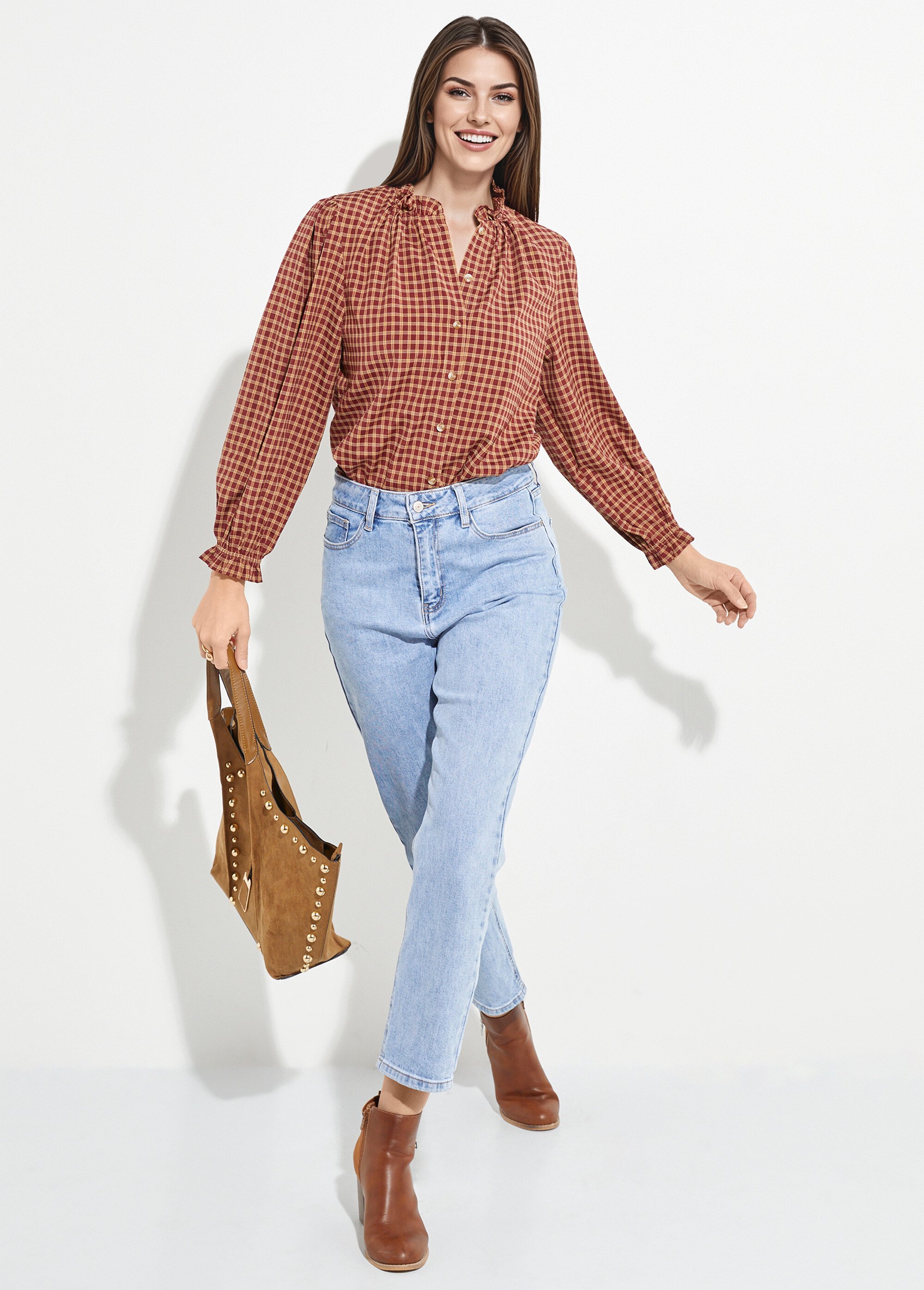 Chemisier à carreaux, col et poignets plissés Femme Rouge IA-R5827 SI1