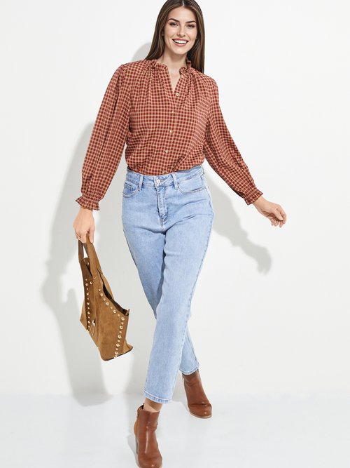 Chemisier à carreaux, col et poignets plissés Femme Rouge IA-R5827 SI1