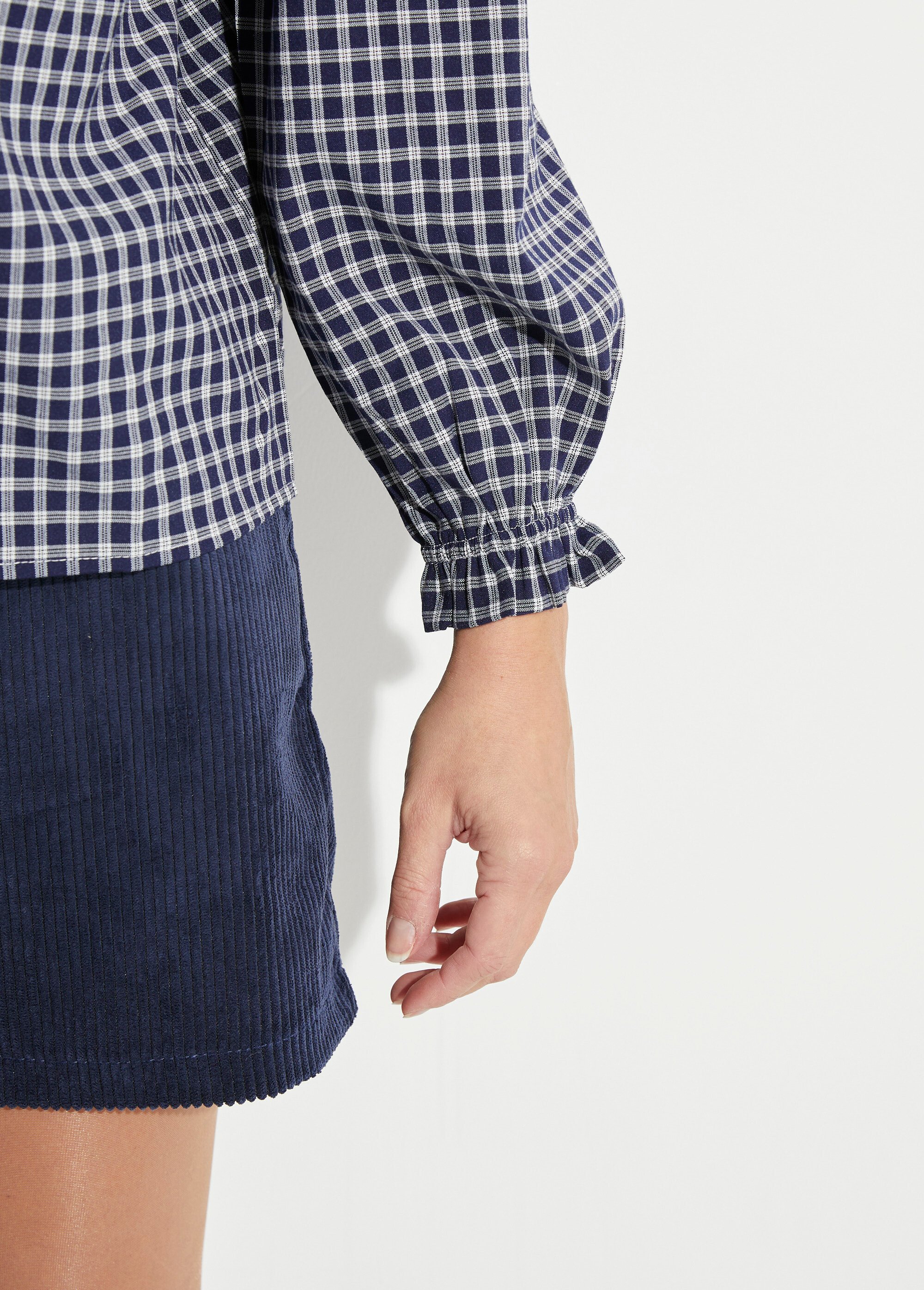 Chemisier à carreaux, col et poignets plissés Femme Bleu IA-R5827 DE2