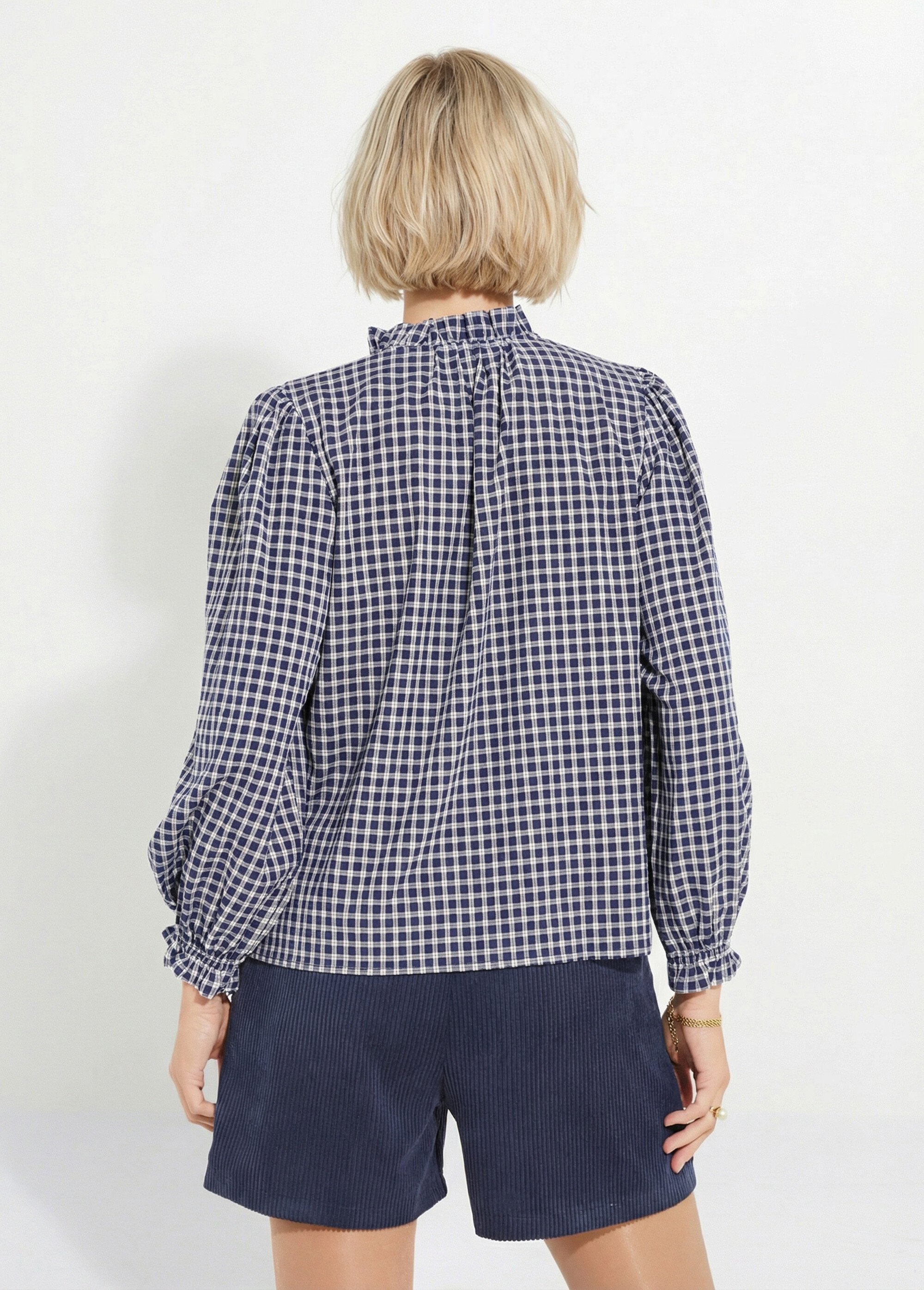 Chemisier à carreaux, col et poignets plissés Femme Bleu IA-R5827 DO1