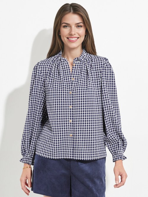 Chemisier à carreaux, col et poignets plissés Femme Bleu IA-R5827 FA1