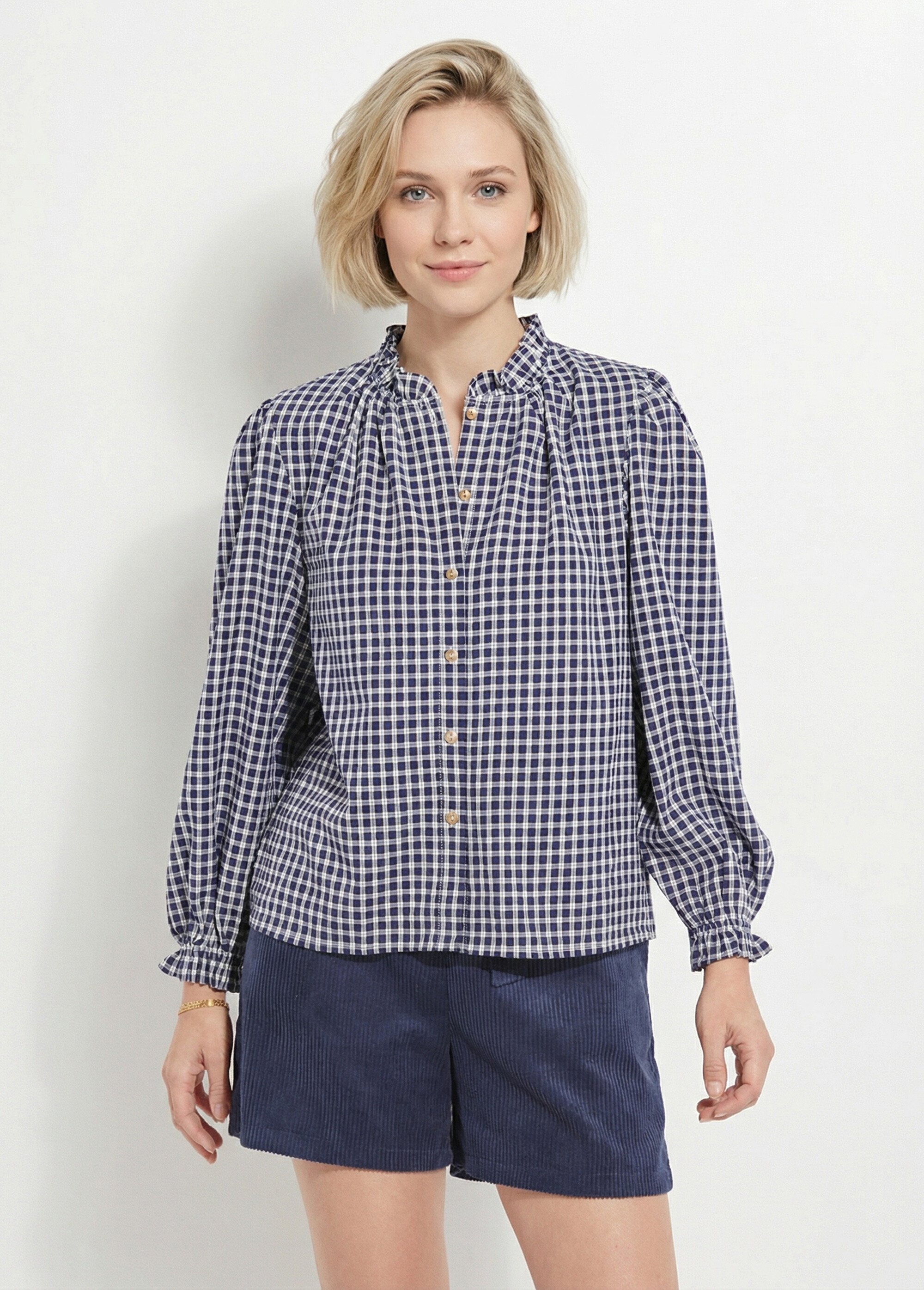 Chemisier à carreaux, col et poignets plissés Femme Bleu IA-R5827 FA1
