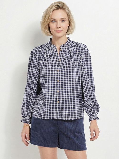 Chemisier à carreaux, col et poignets plissés Femme Bleu IA-R5827 FA1