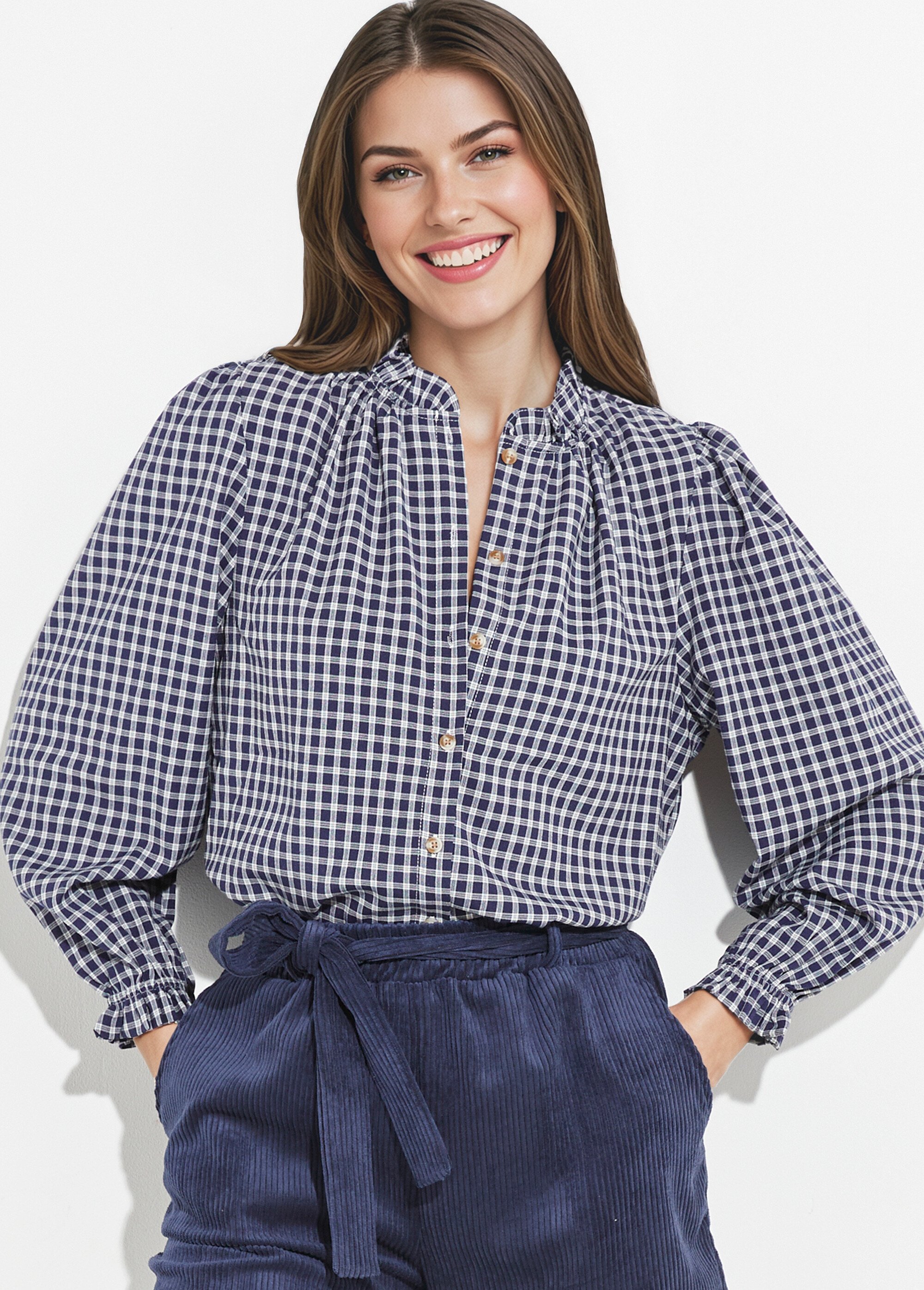 Chemisier à carreaux, col et poignets plissés Femme Bleu IA-R5827 MV1