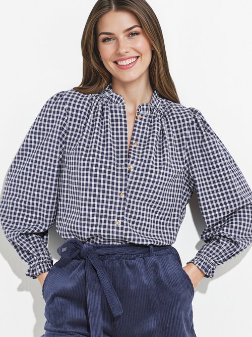 Chemisier à carreaux, col et poignets plissés Femme Bleu IA-R5827 MV1