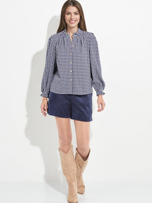 Chemisier à carreaux, col et poignets plissés Femme Bleu IA-R5827 SF1