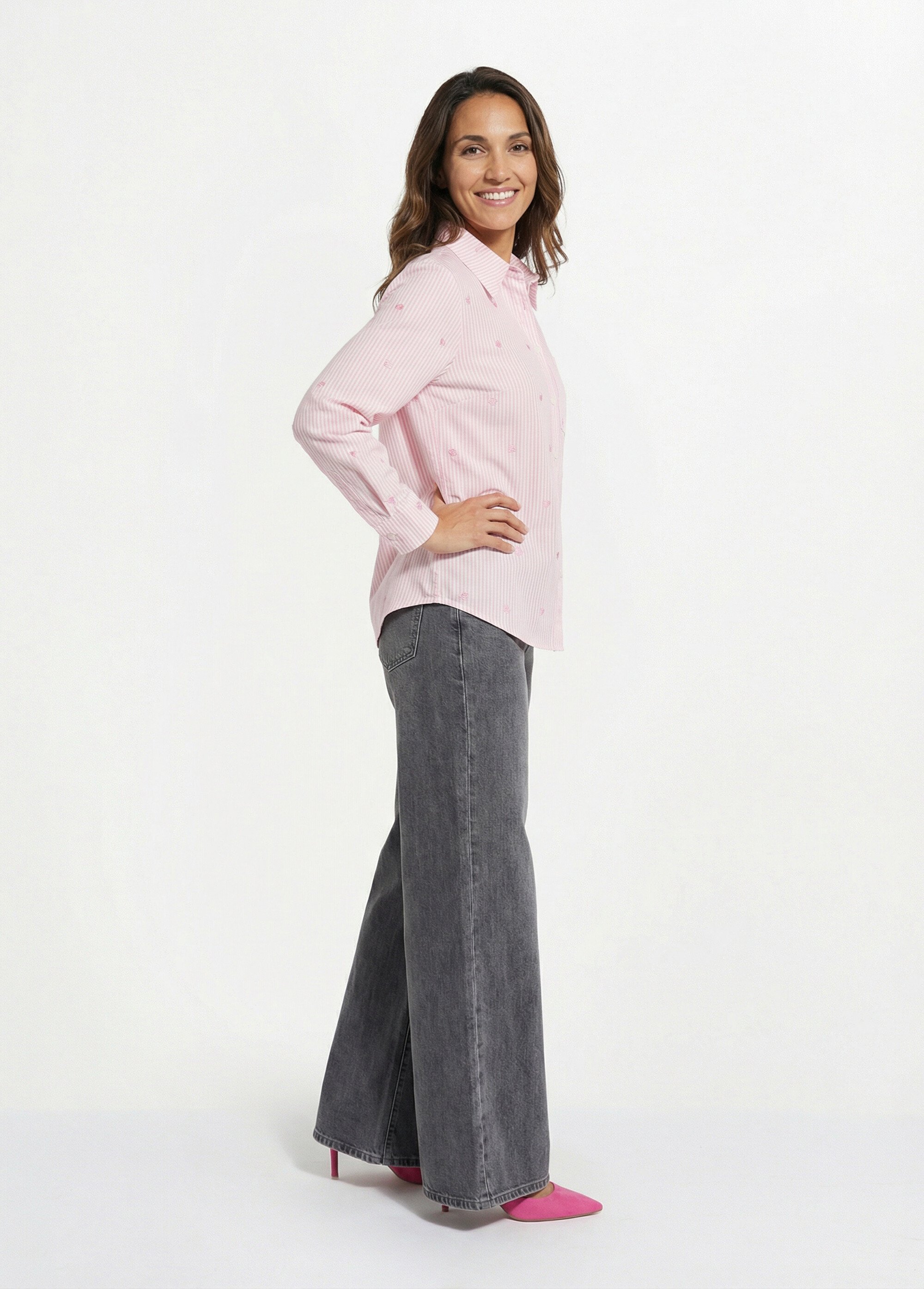 Chemisier à rayures et broderies cœurs Femme Rose IA-Q3243 GA1