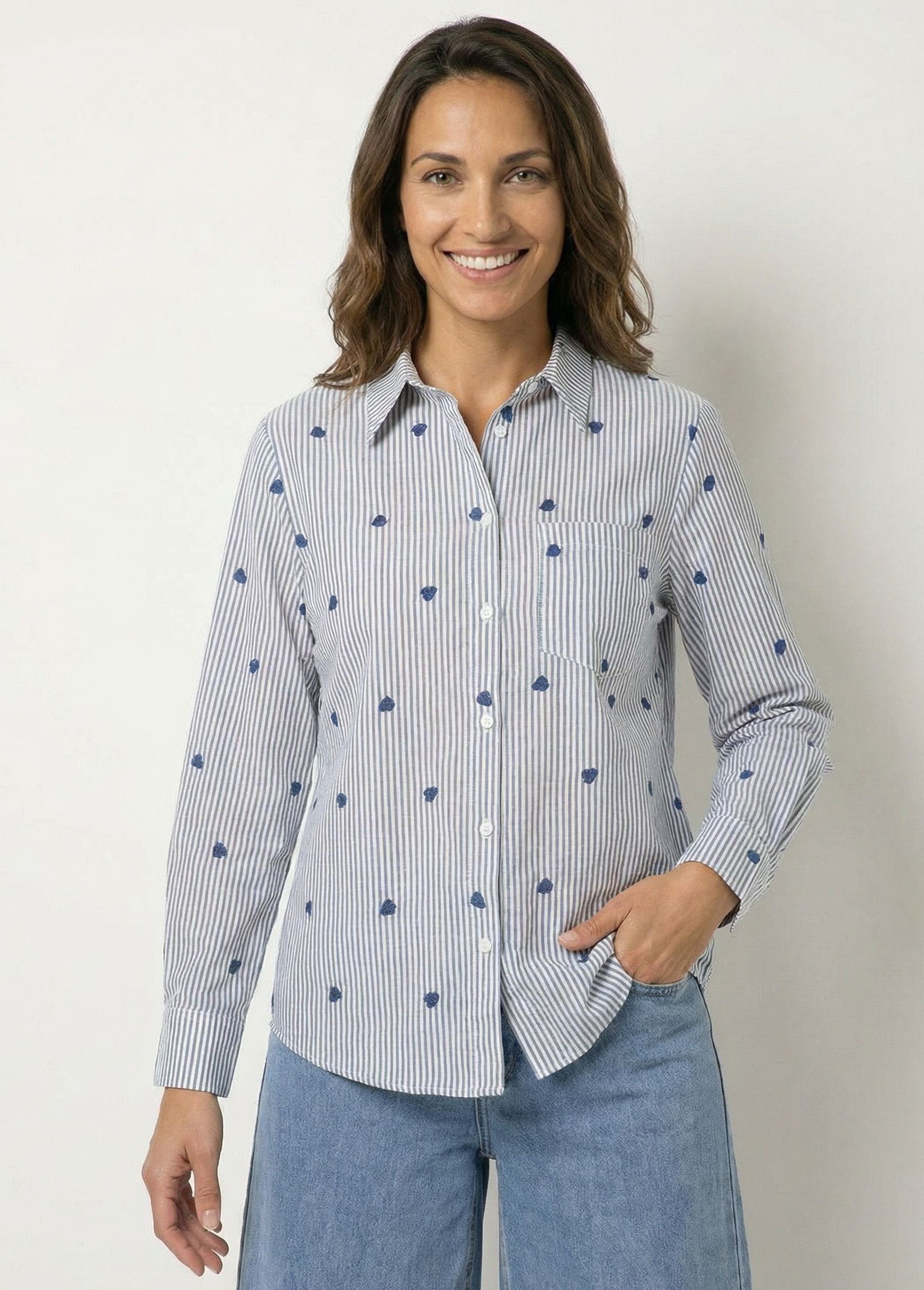 Chemisier à rayures et broderies cœurs Femme Bleu IA-Q3243 MV1