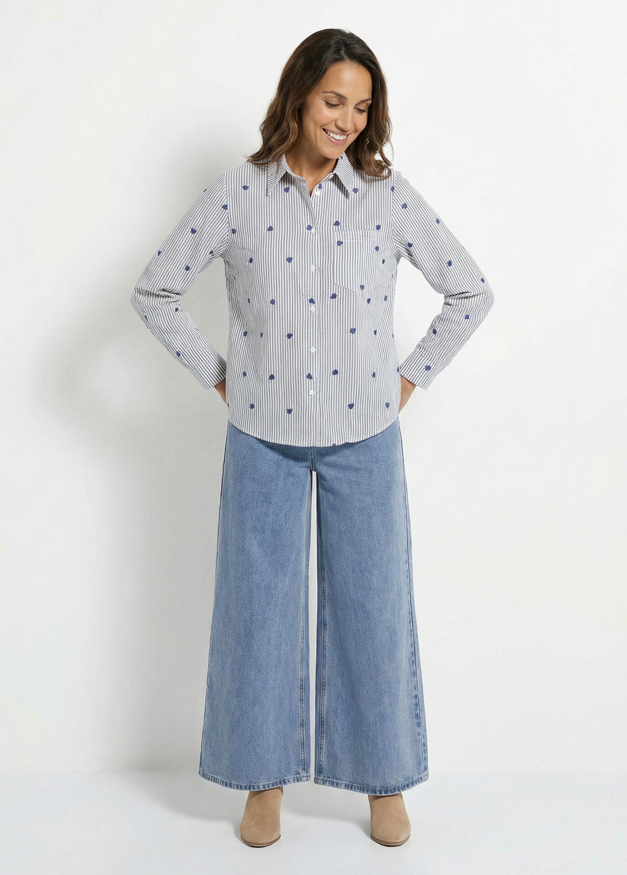 Chemisier à rayures et broderies cœurs Femme Bleu IA-Q3243 SF1