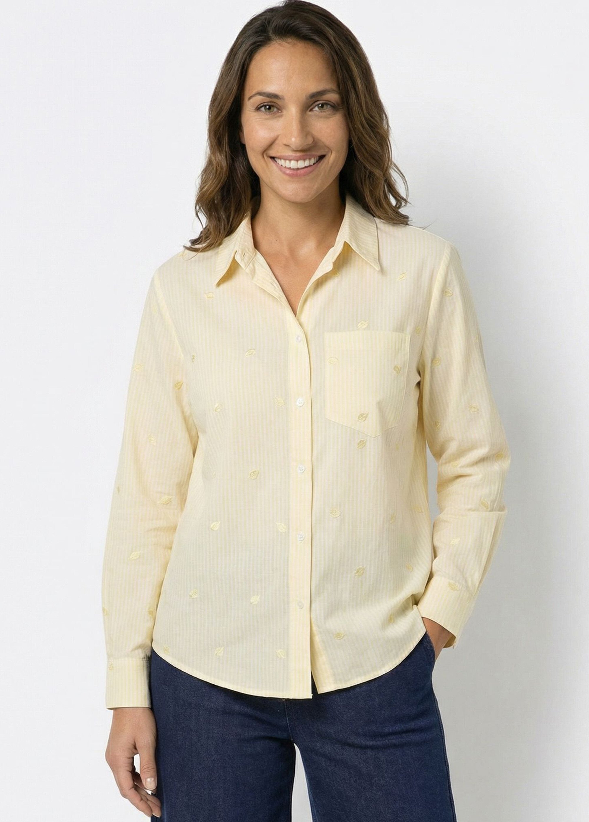 Chemisier à rayures et broderies cœurs Femme Jaune IA-Q3243 MV1