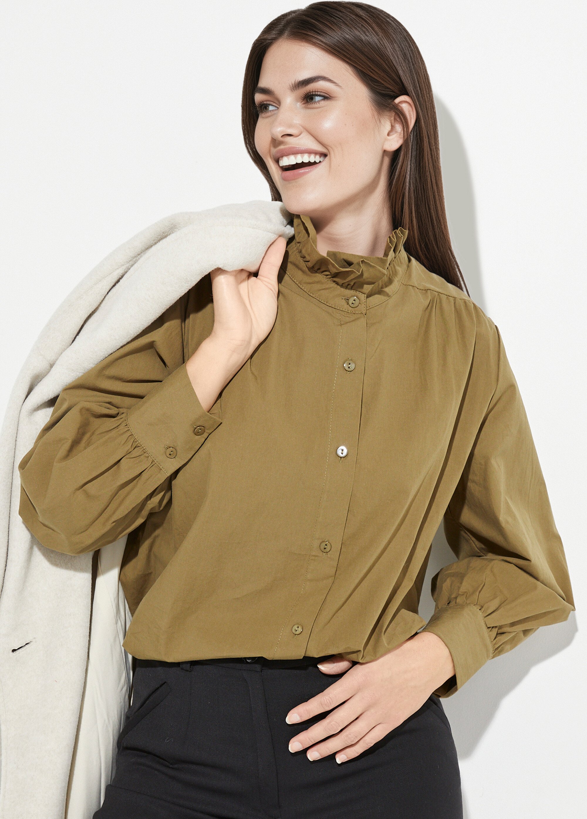 Chemisier avec col montant plissé Femme Vert IA-R6036 MV1