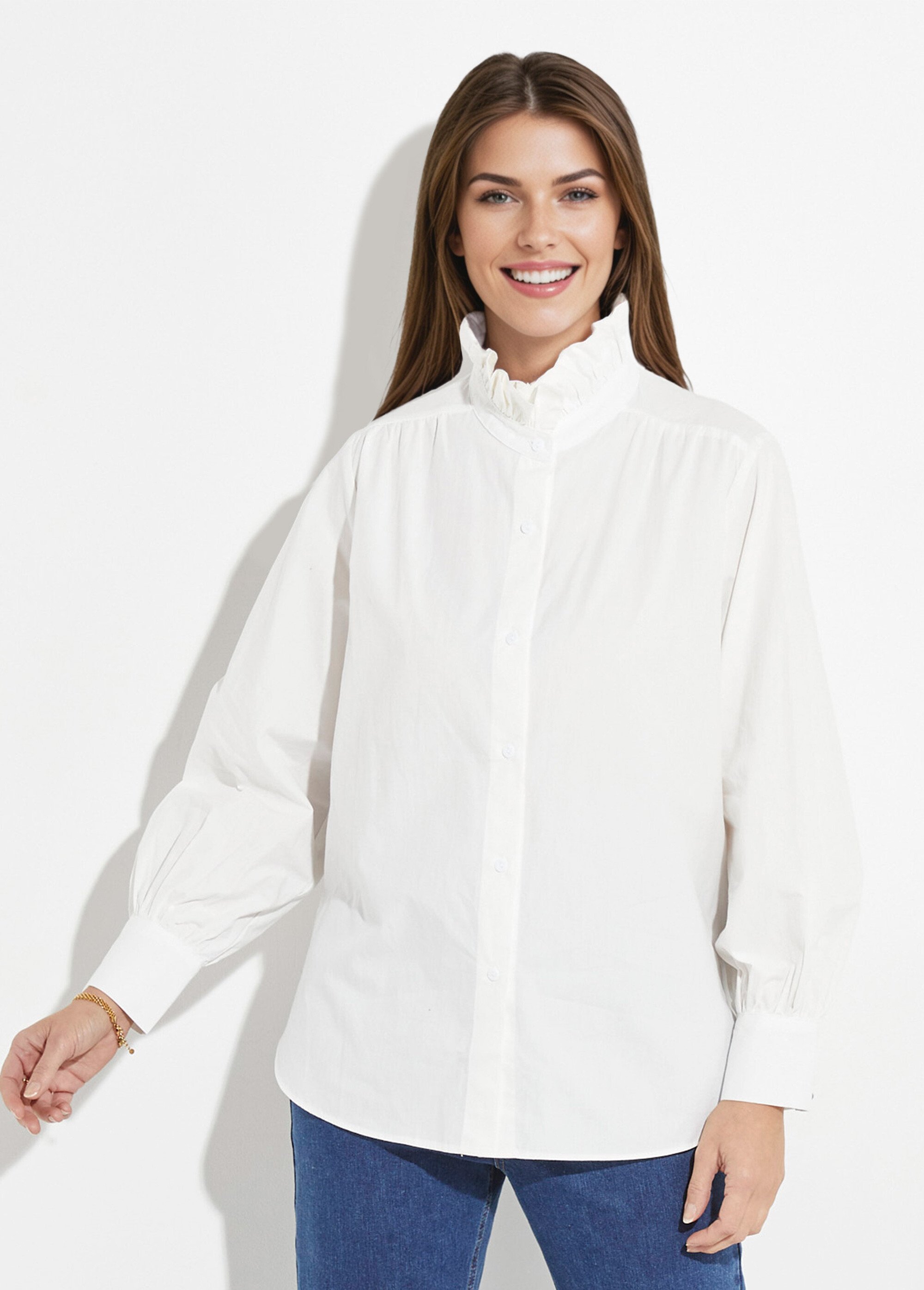Chemisier avec col montant plissé Femme Blanc IA-R6036 FA1