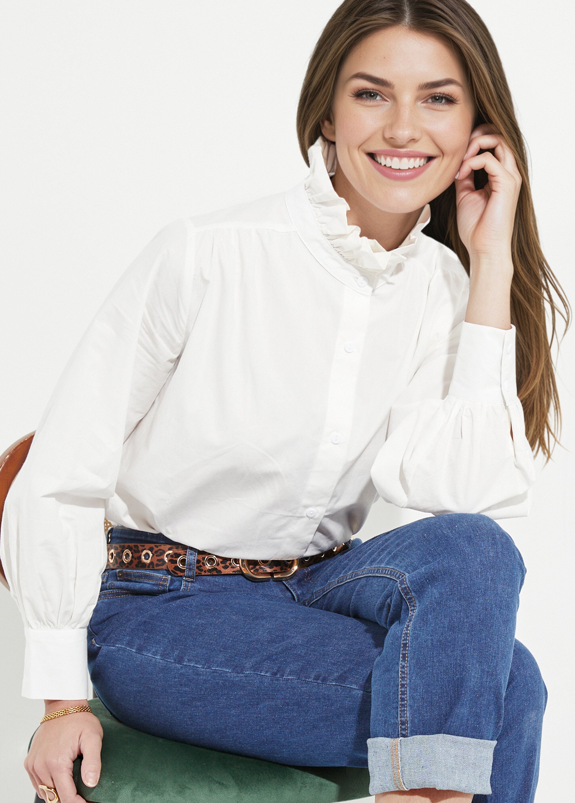 Chemisier avec col montant plissé Femme Blanc IA-R6036 MV1