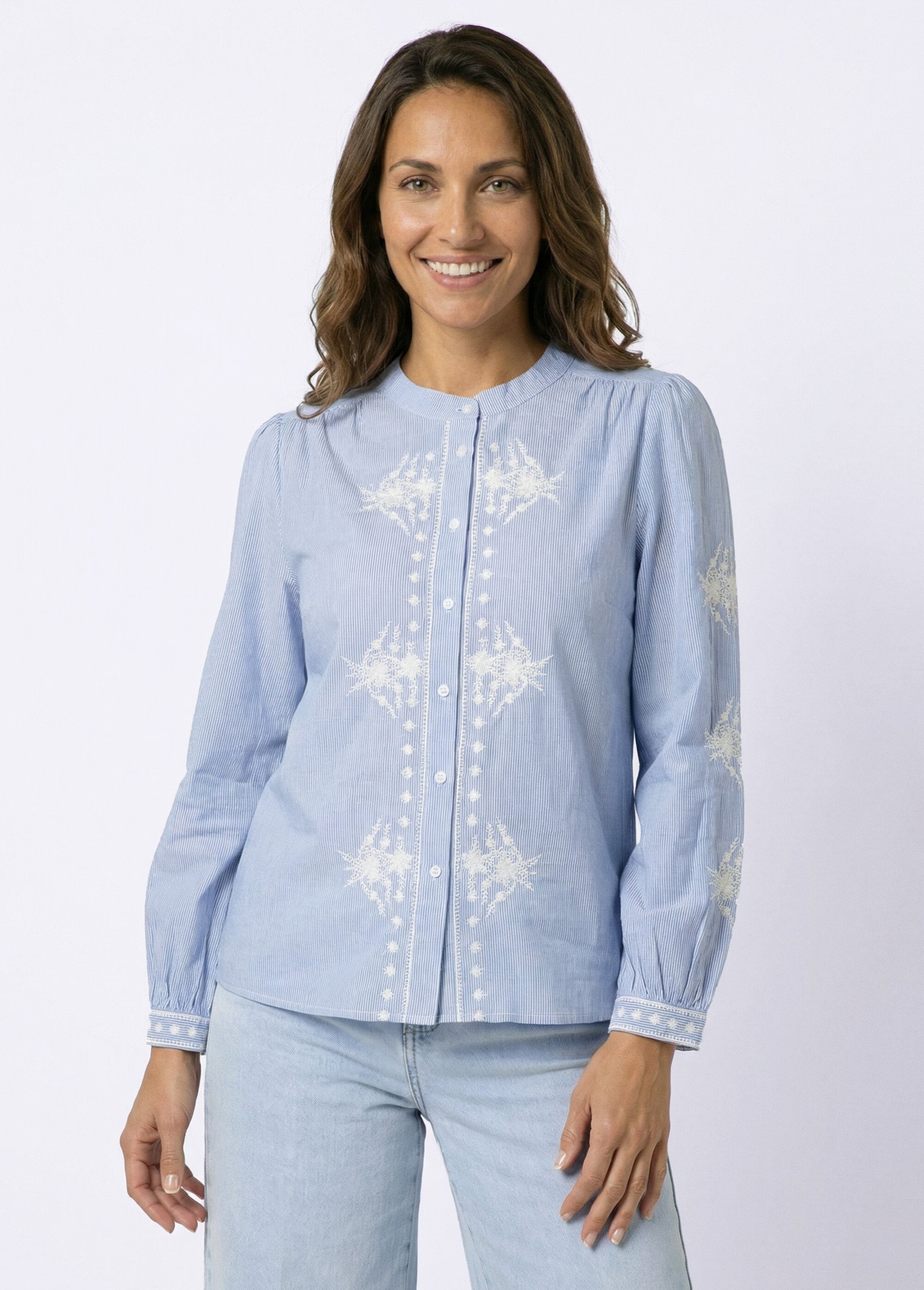 Chemisier rayé col rond et broderies Femme Bleu IA-Q3235 FA1