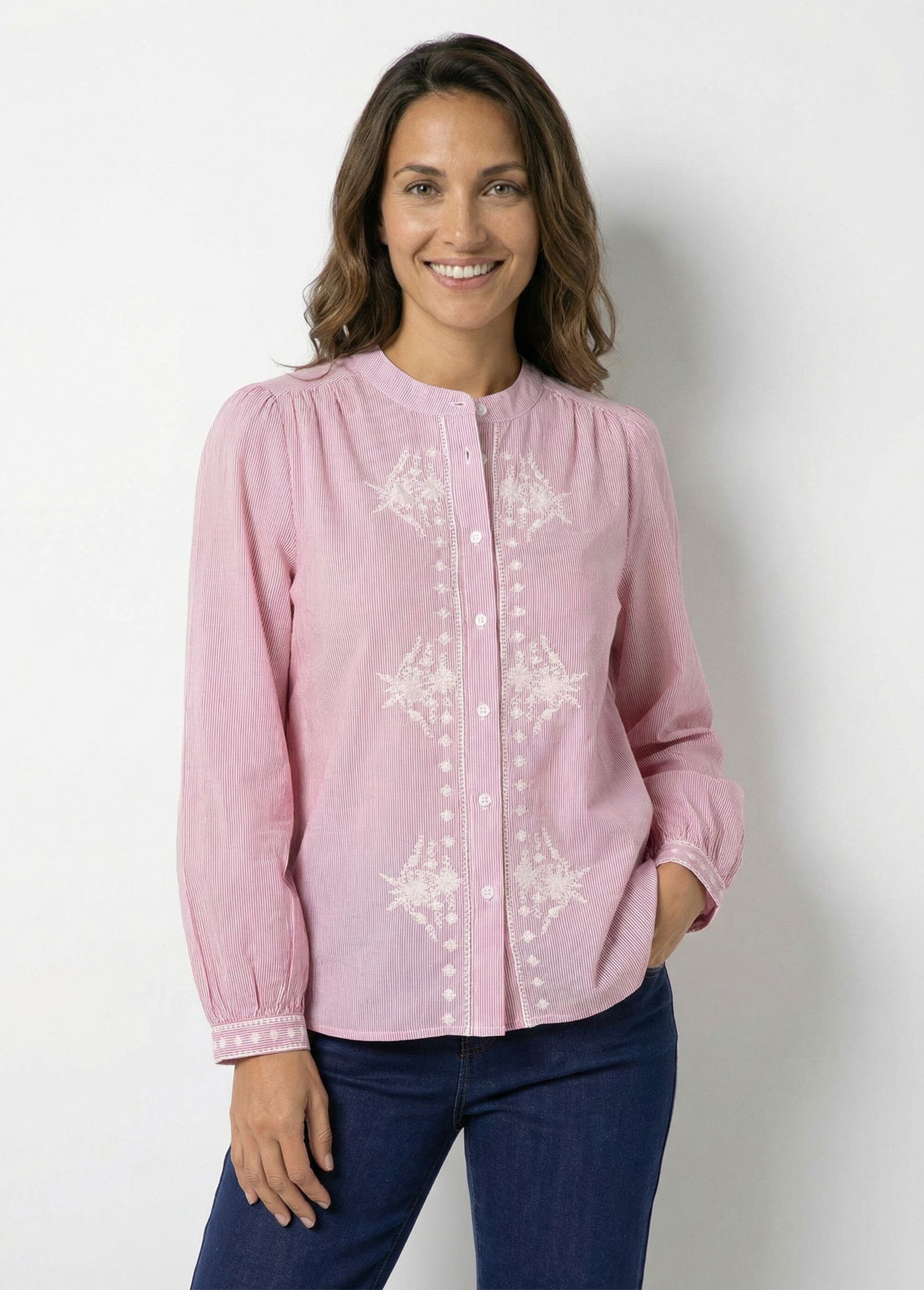 Chemisier rayé col rond et broderies Femme Rouge IA-Q3235 FA1