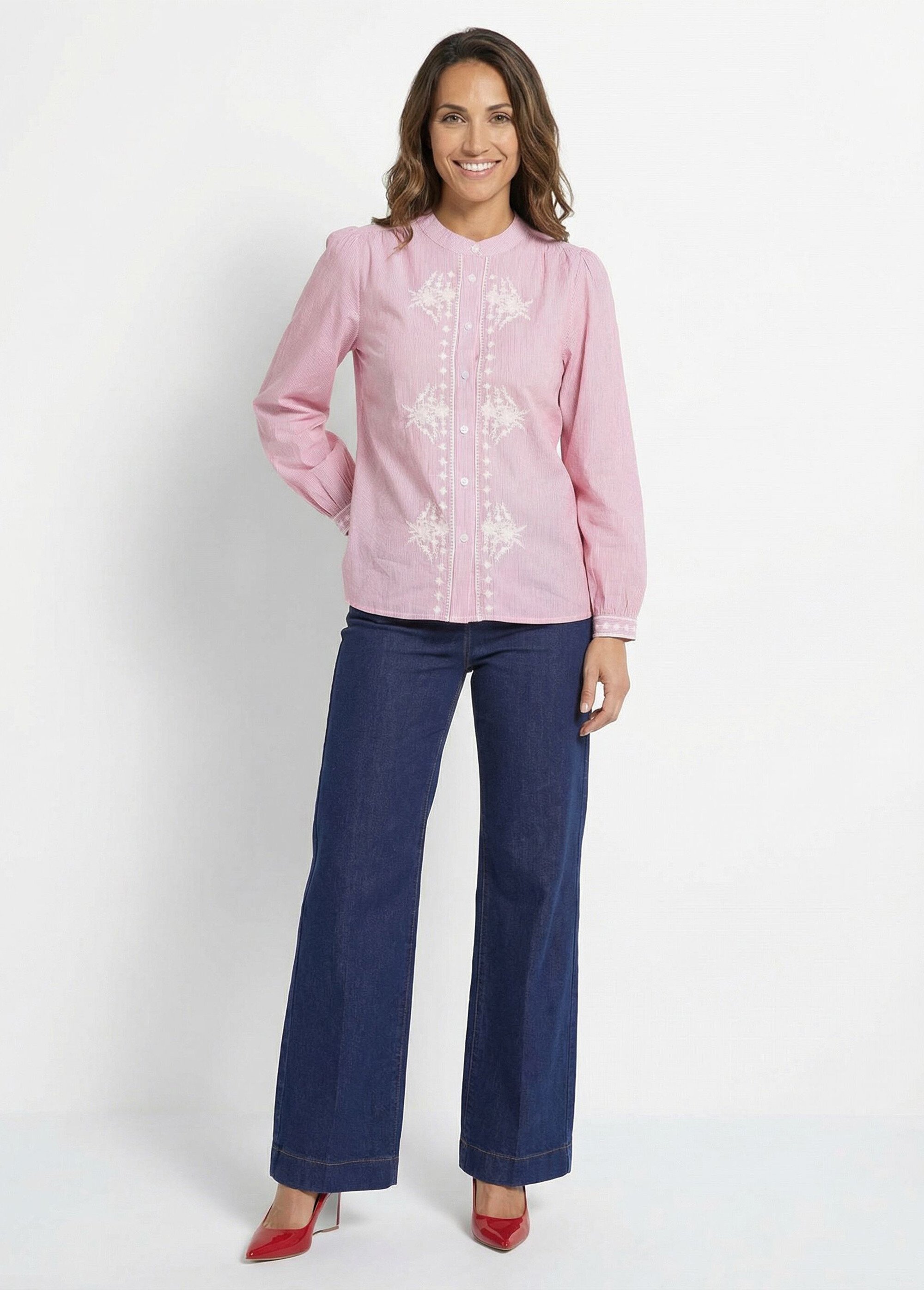 Chemisier rayé col rond et broderies Femme Rouge IA-Q3235 SF1