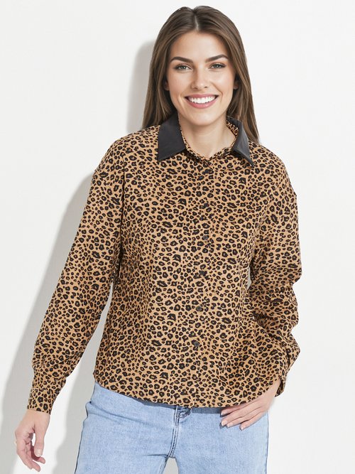 Chemisier velours léopard et col simili Femme Marron IA-T012 FA1