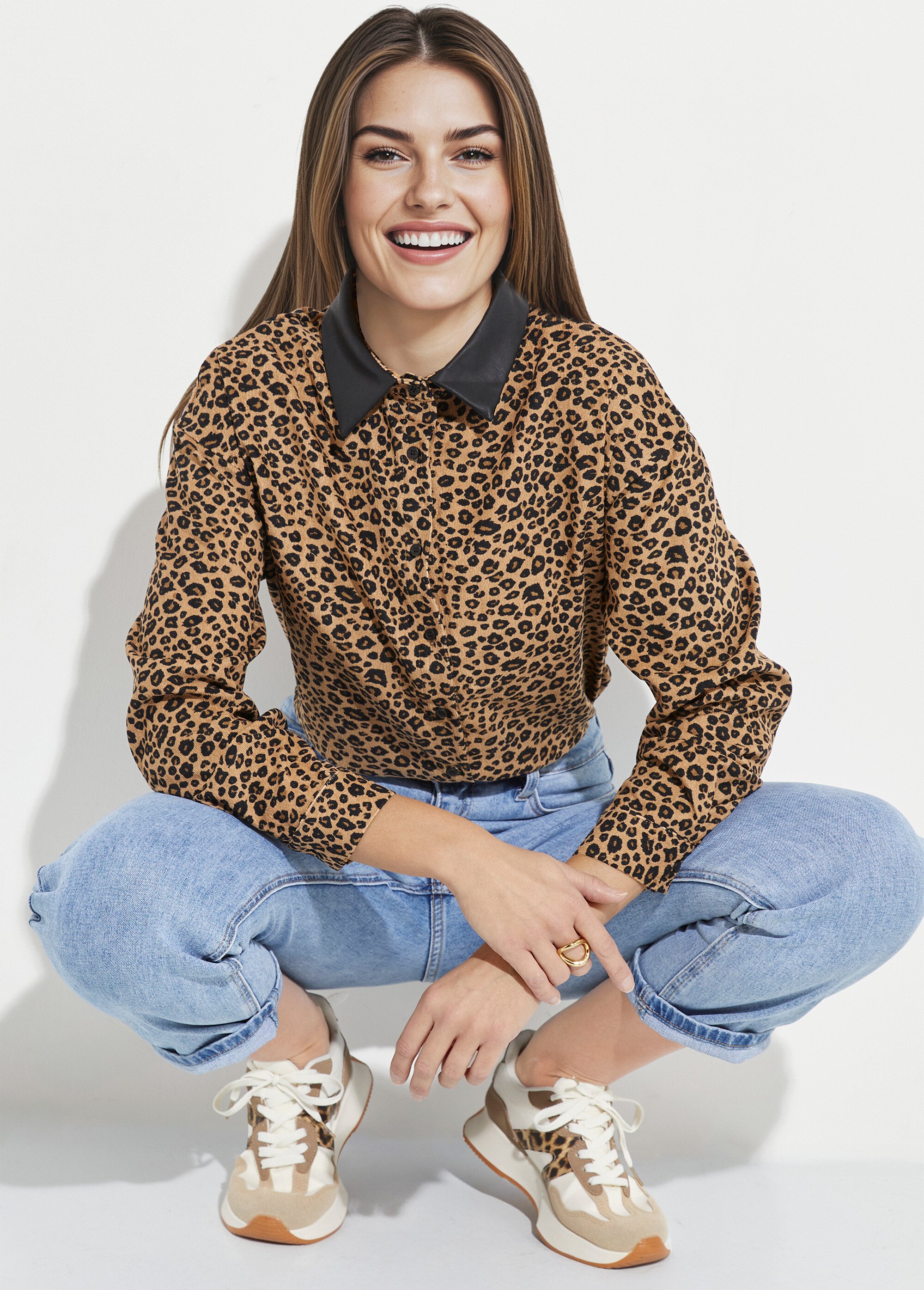 Chemisier velours léopard et col simili Femme Marron IA-T012 MV1